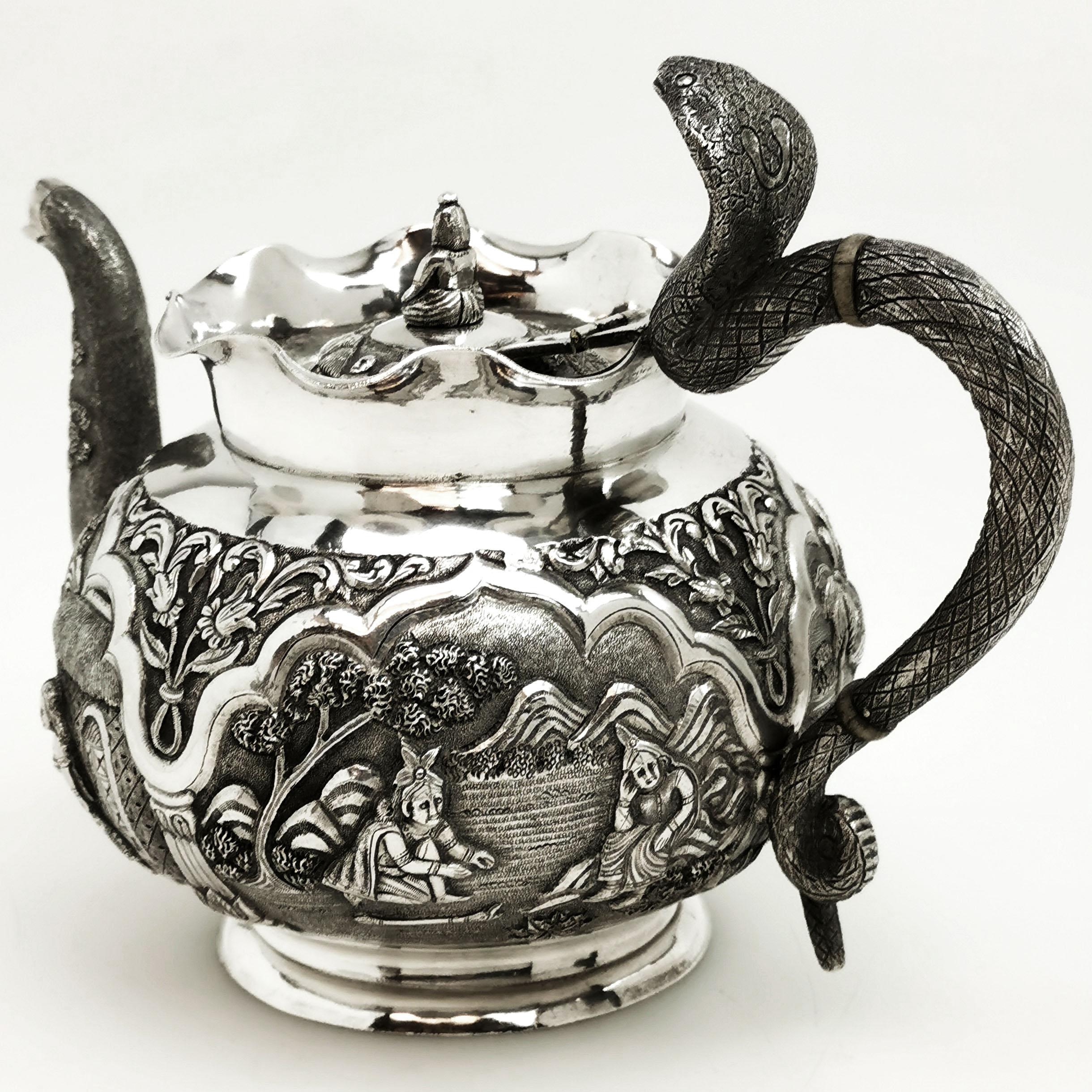 Antique Indian 3-Piece Silver Tea Set circa 1890 Cobra Handle Teapot  7