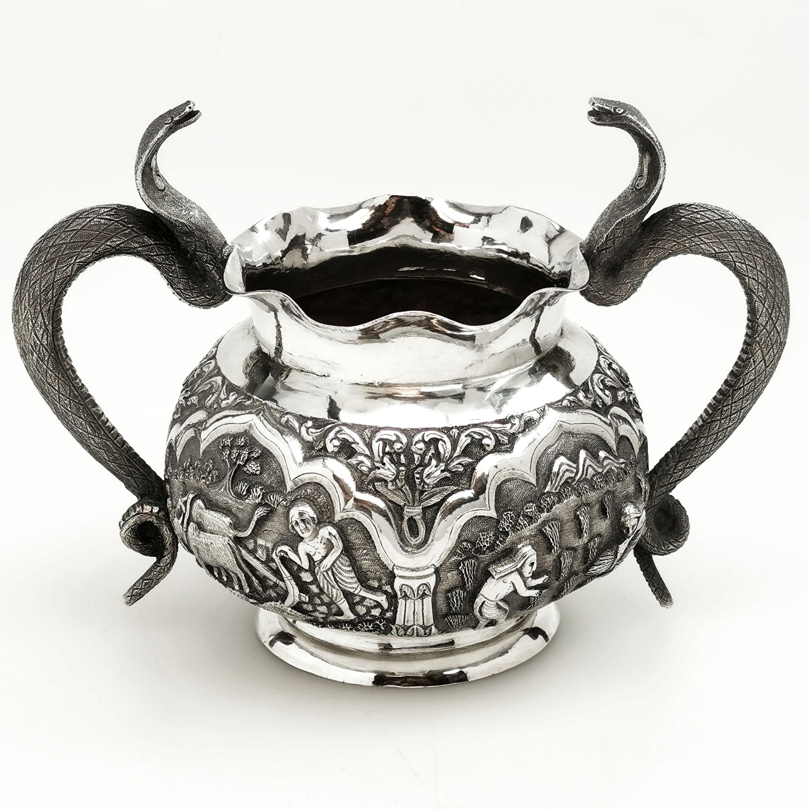 Antique Indian 3-Piece Silver Tea Set circa 1890 Cobra Handle Teapot  8