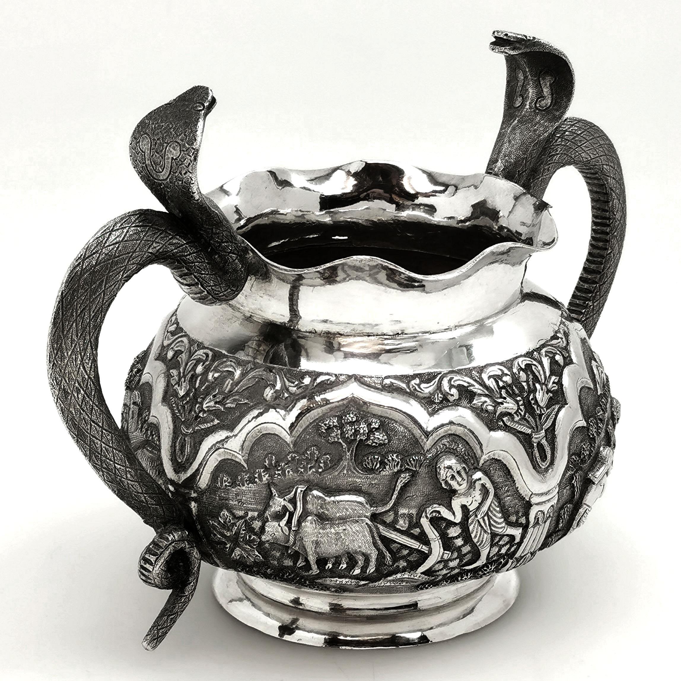 Antique Indian 3-Piece Silver Tea Set circa 1890 Cobra Handle Teapot  9