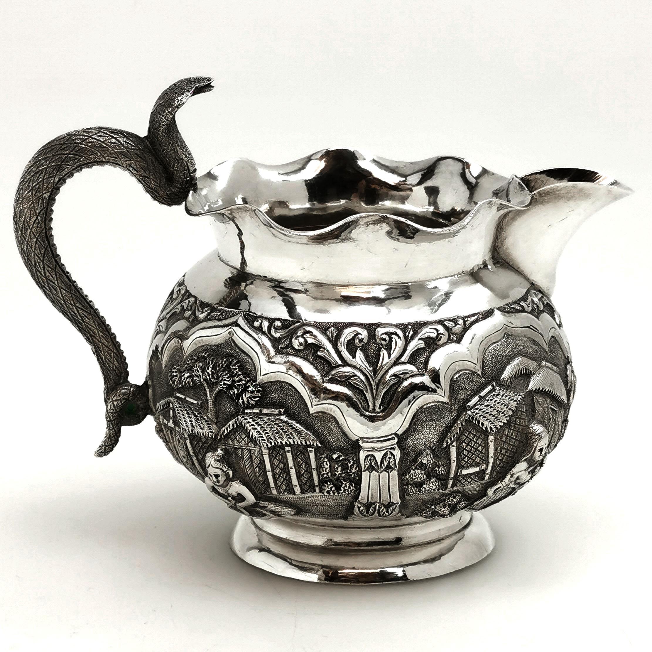 Antique Indian 3-Piece Silver Tea Set circa 1890 Cobra Handle Teapot  10