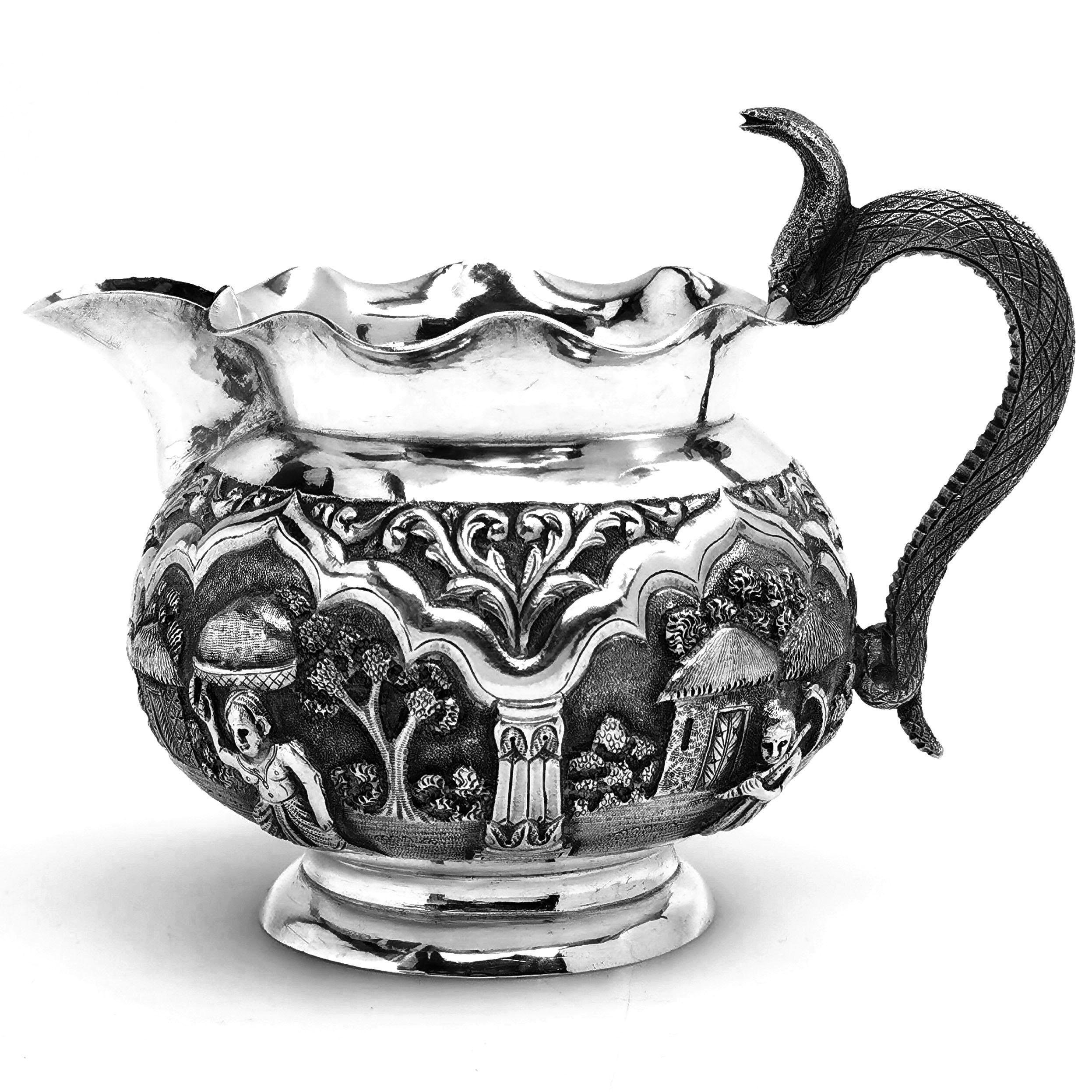 Antique Indian 3-Piece Silver Tea Set circa 1890 Cobra Handle Teapot  11