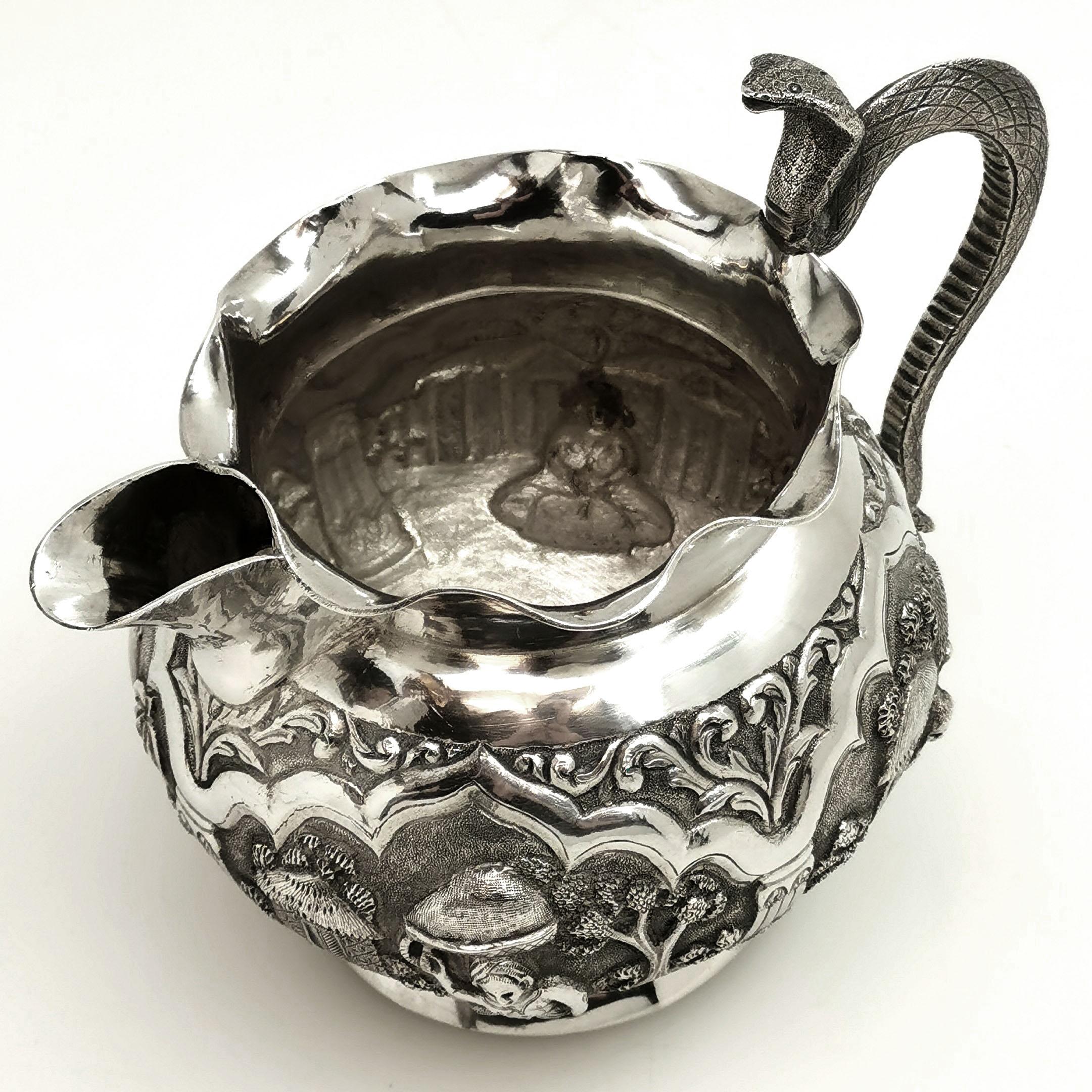 Antique Indian 3-Piece Silver Tea Set circa 1890 Cobra Handle Teapot  12