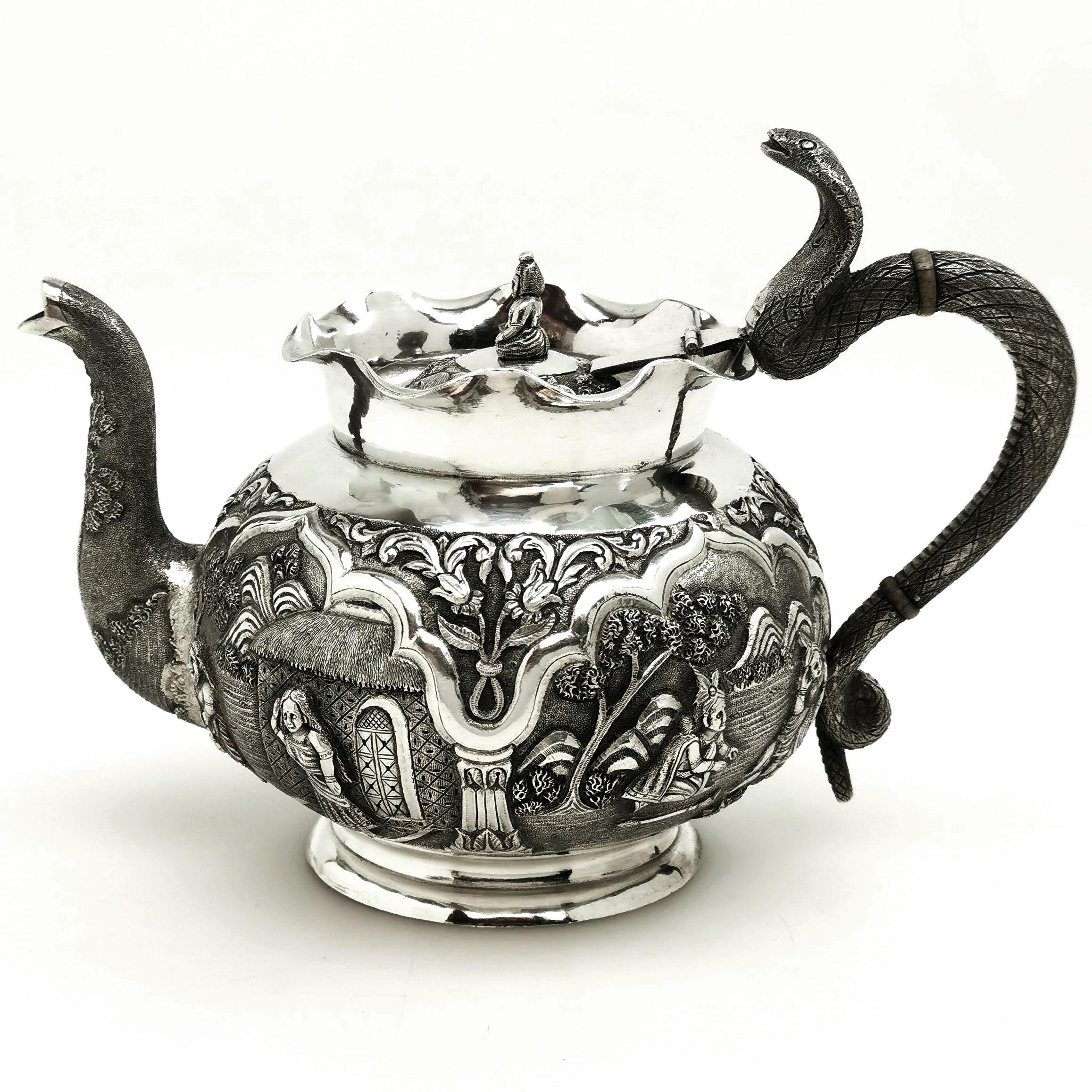 19th Century Antique Indian 3-Piece Silver Tea Set circa 1890 Cobra Handle Teapot 