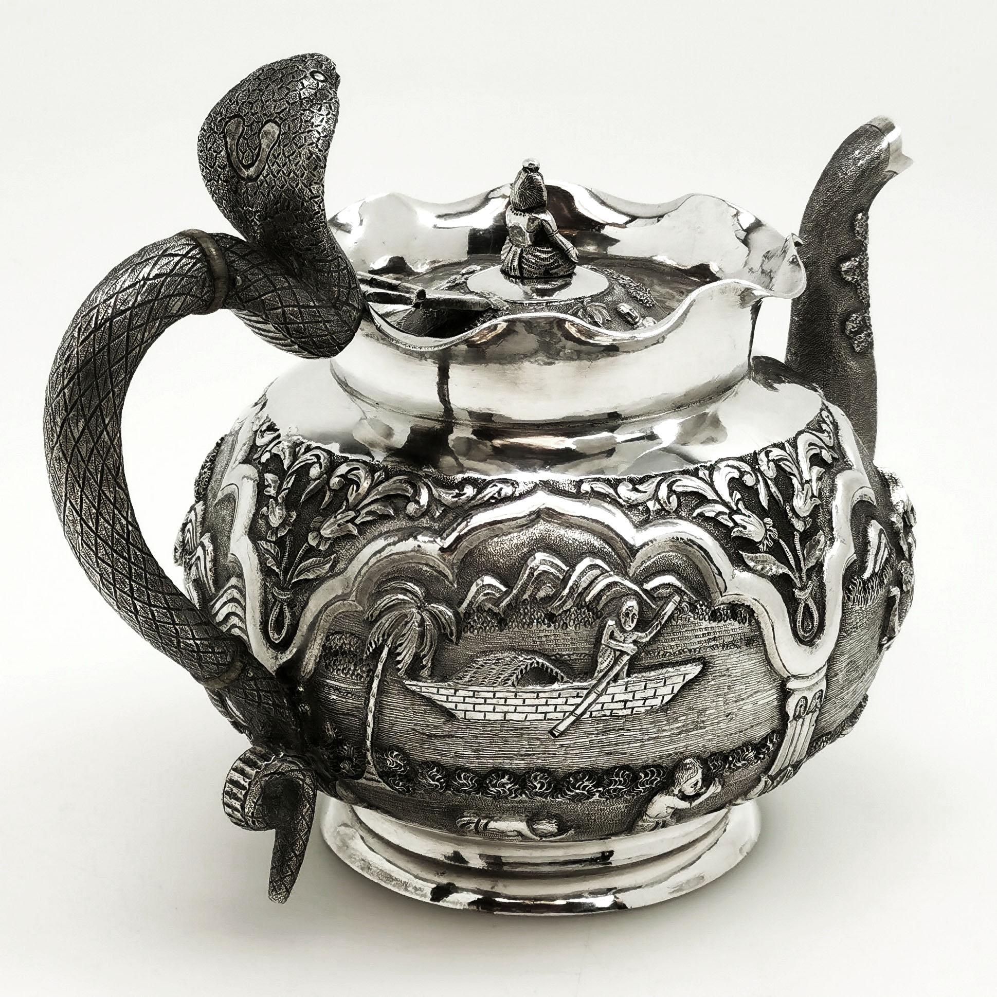 Antique Indian 3-Piece Silver Tea Set circa 1890 Cobra Handle Teapot  1