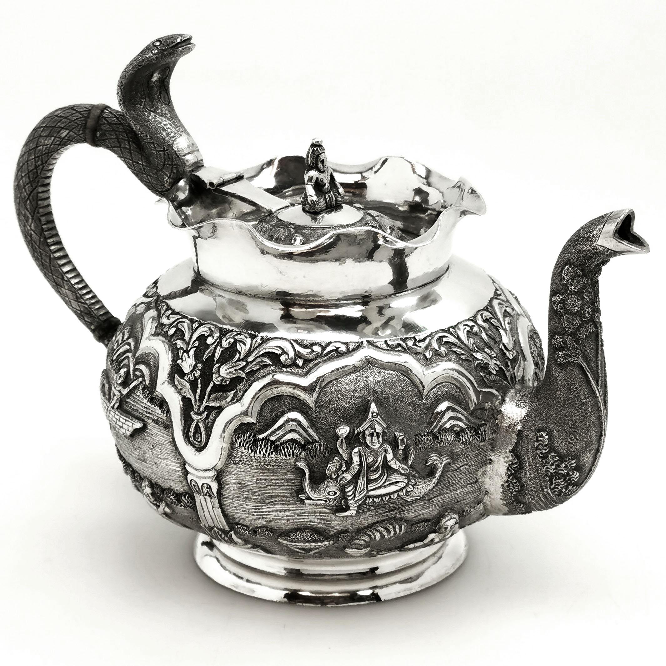 Antique Indian 3-Piece Silver Tea Set circa 1890 Cobra Handle Teapot  2