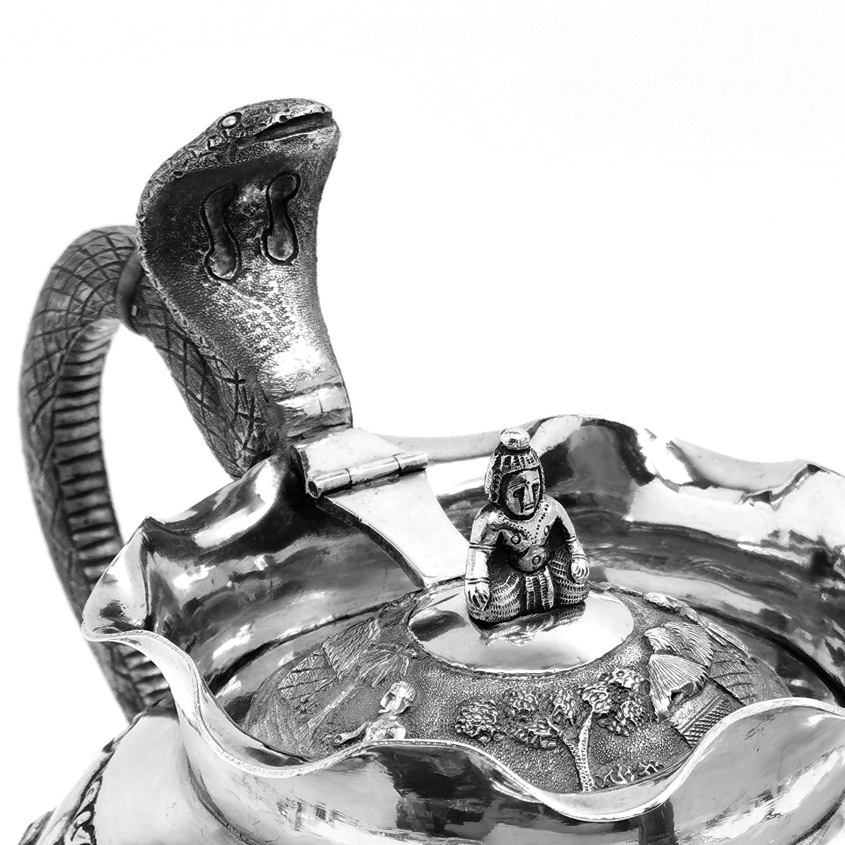 Antique Indian 3-Piece Silver Tea Set circa 1890 Cobra Handle Teapot  3