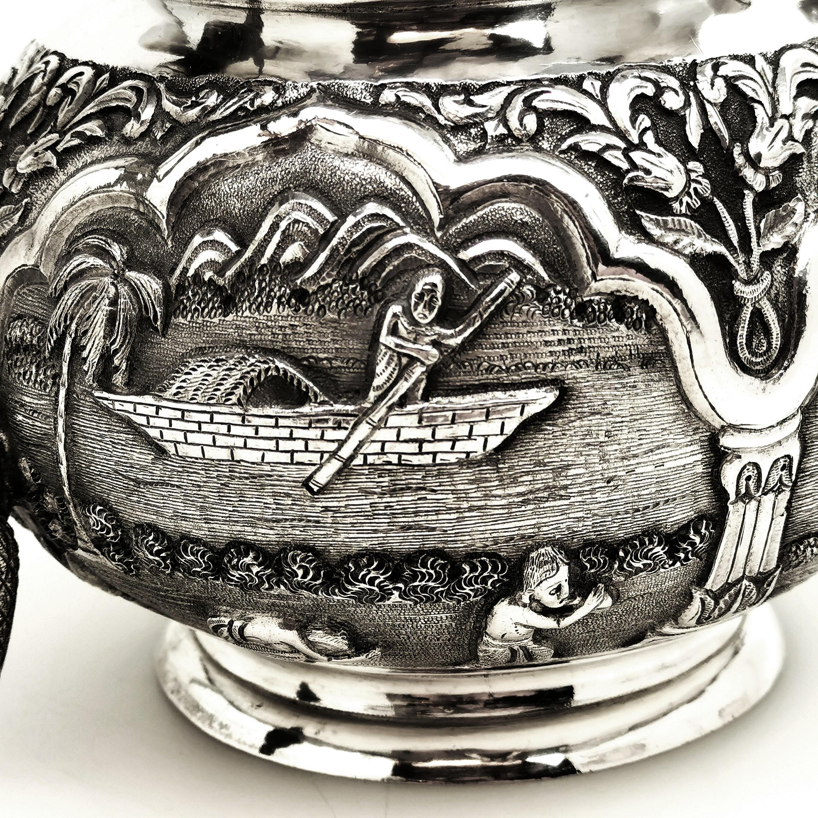 Antique Indian 3-Piece Silver Tea Set circa 1890 Cobra Handle Teapot  4