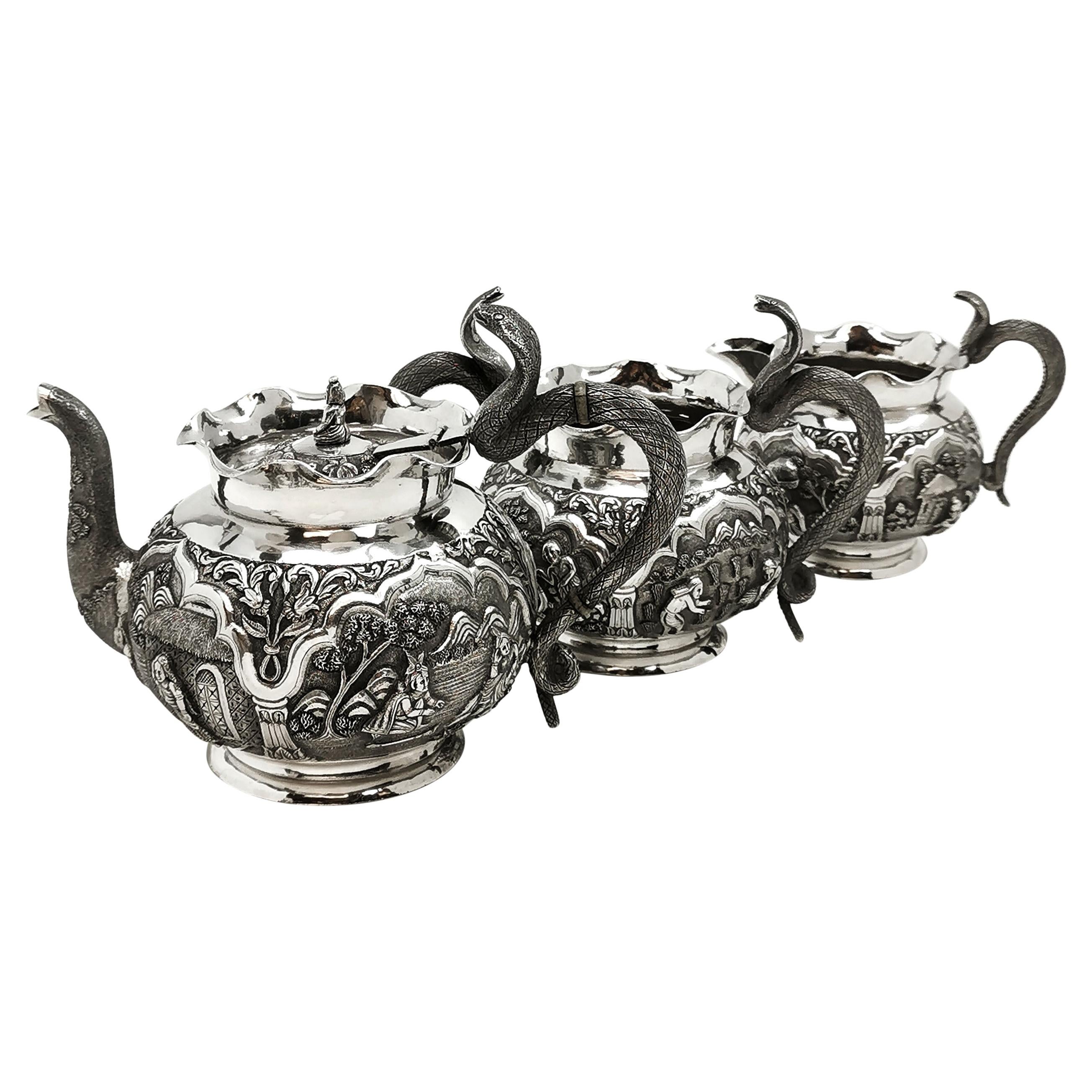 Antique Indian 3-Piece Silver Tea Set circa 1890 Cobra Handle Teapot 