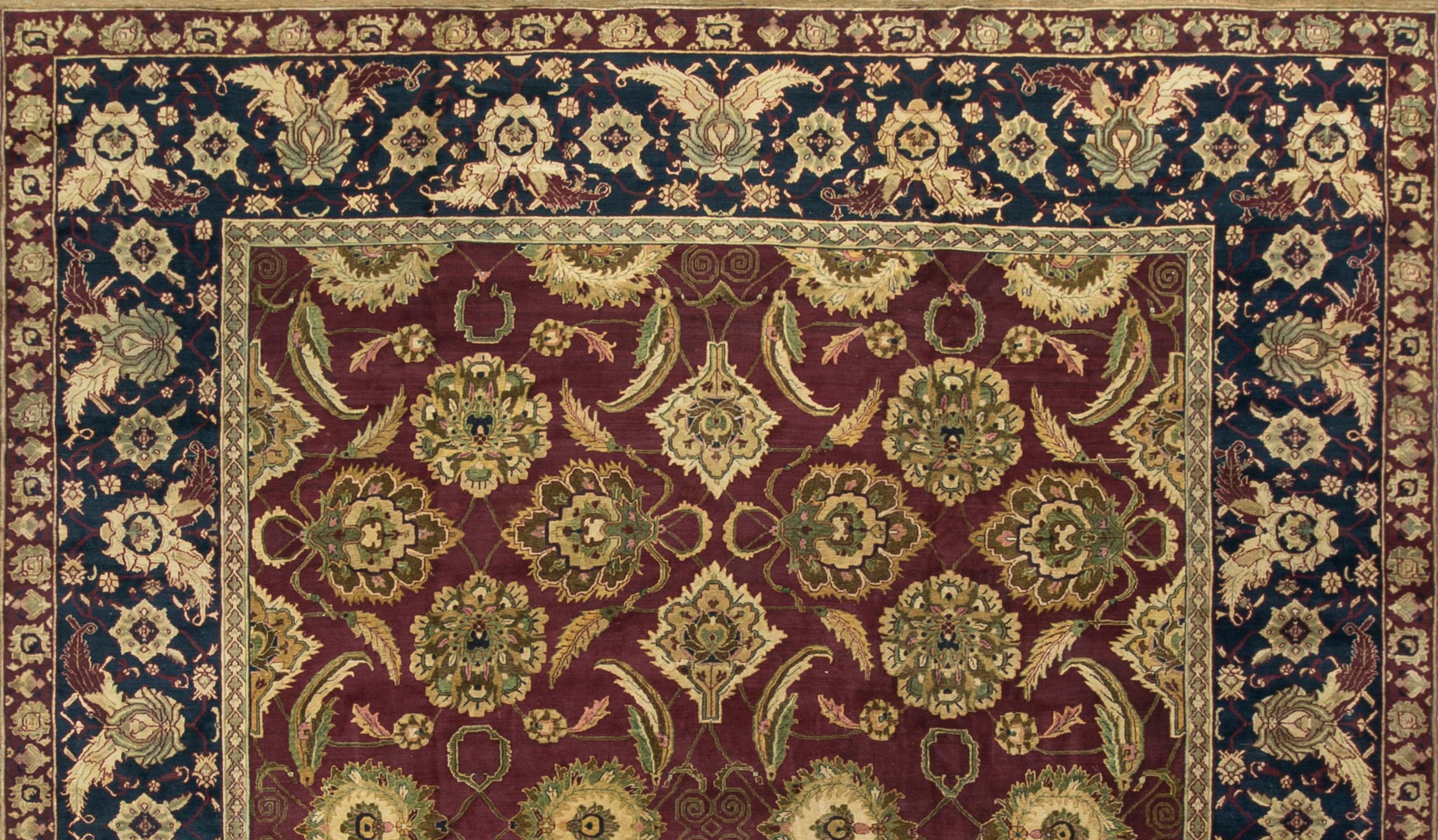 Indien Ancien tapis indien Agra rouge / marine, circa 1890, taille 11'8 x 13'7 en vente