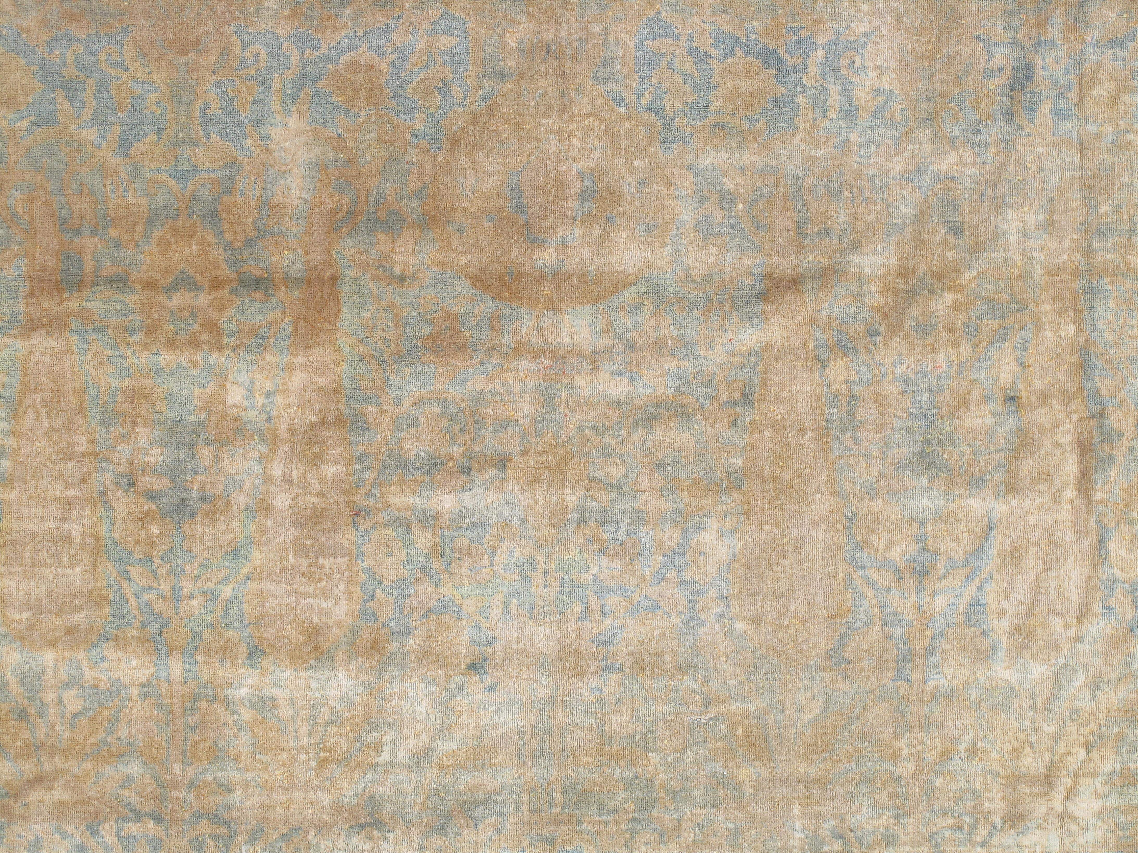 20th Century Antique Indian Agra Carpet, Handmade Oriental Rug, Light Blue, Gold, Ivory, Soft For Sale