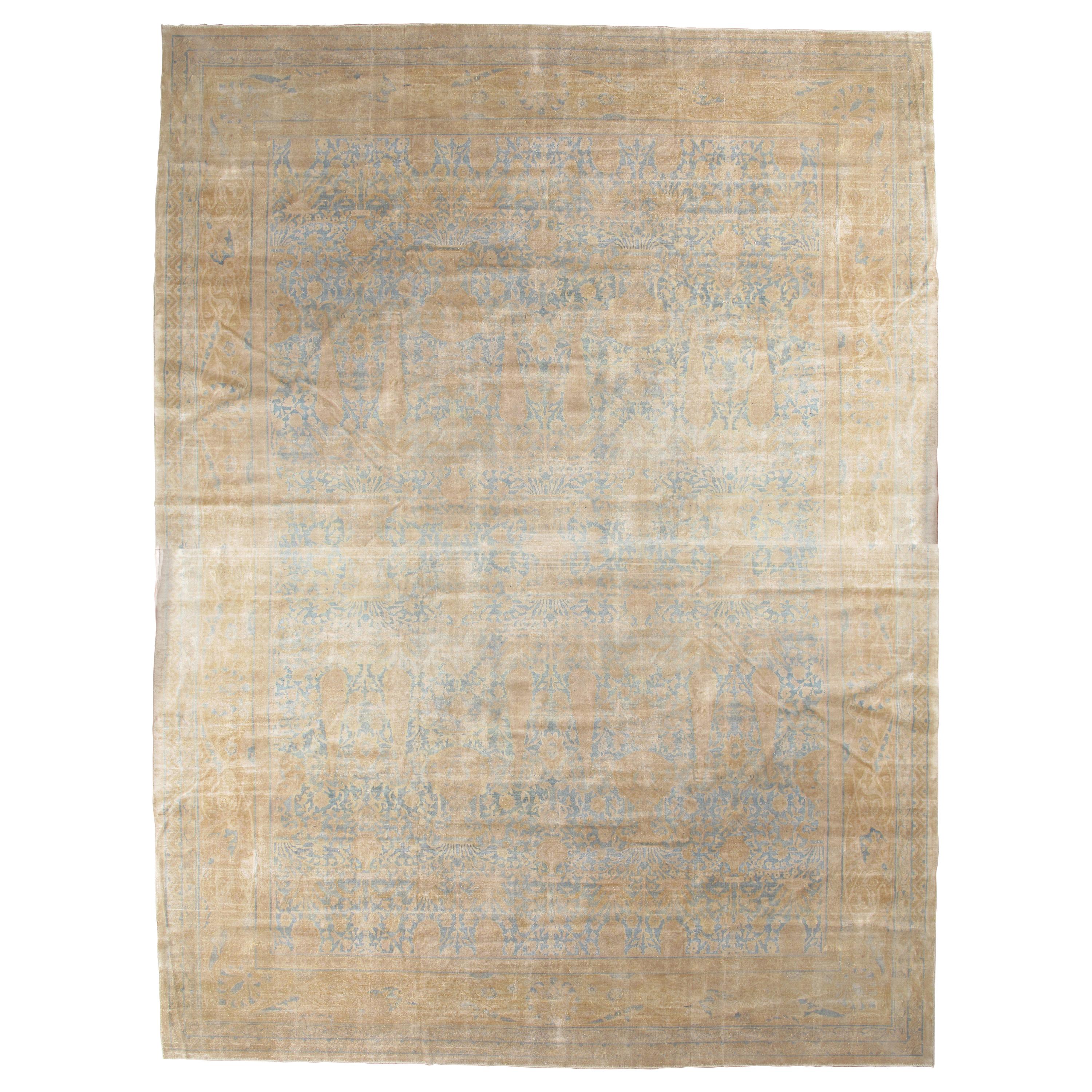 Tapis indien ancien Agra, tapis oriental fait à la main, bleu clair, or, ivoire, doux