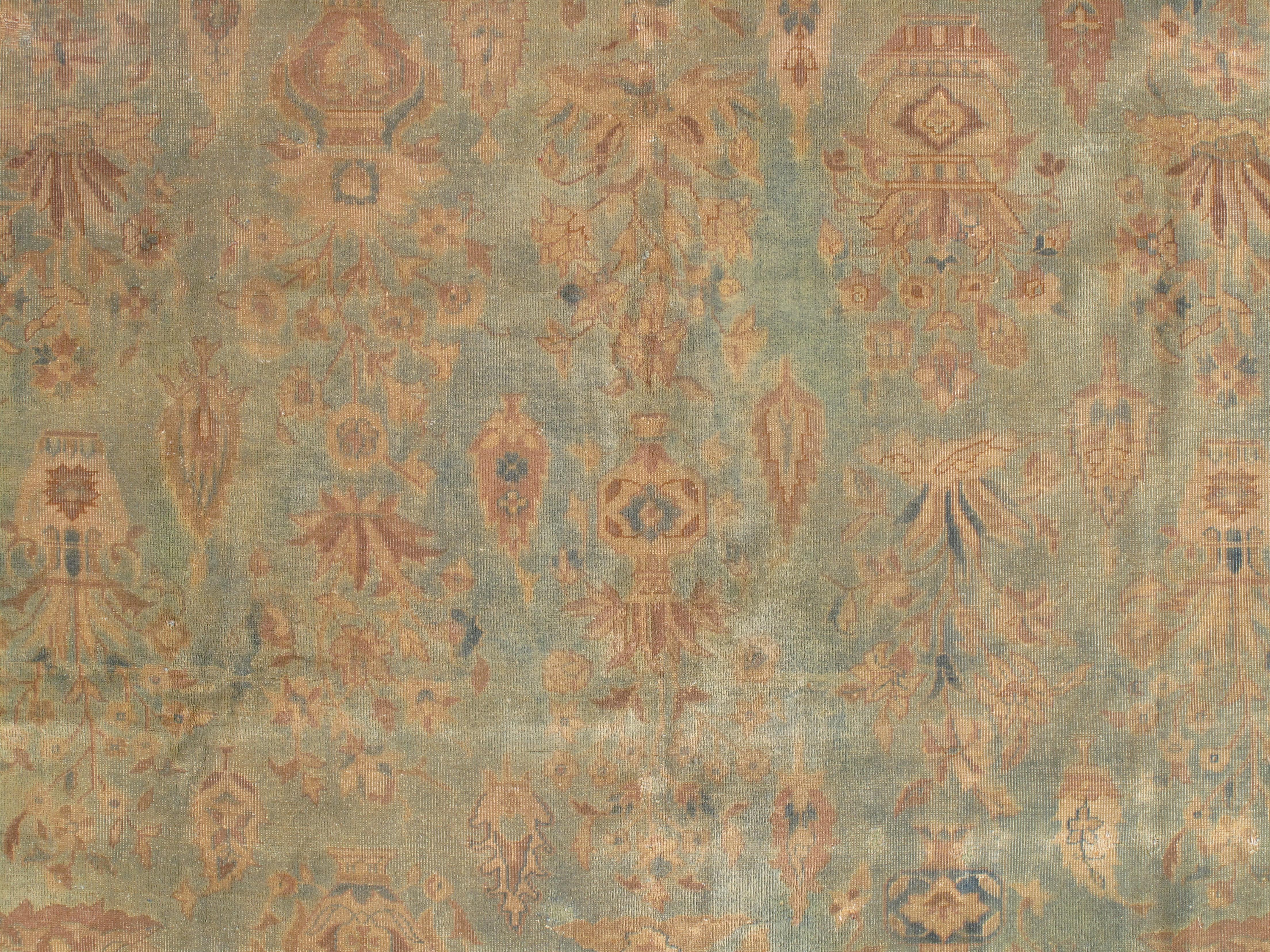 Antique Indian Agra Carpet, Handmade Rug, Green - Blue, Taupe, Beige, Allover For Sale 4