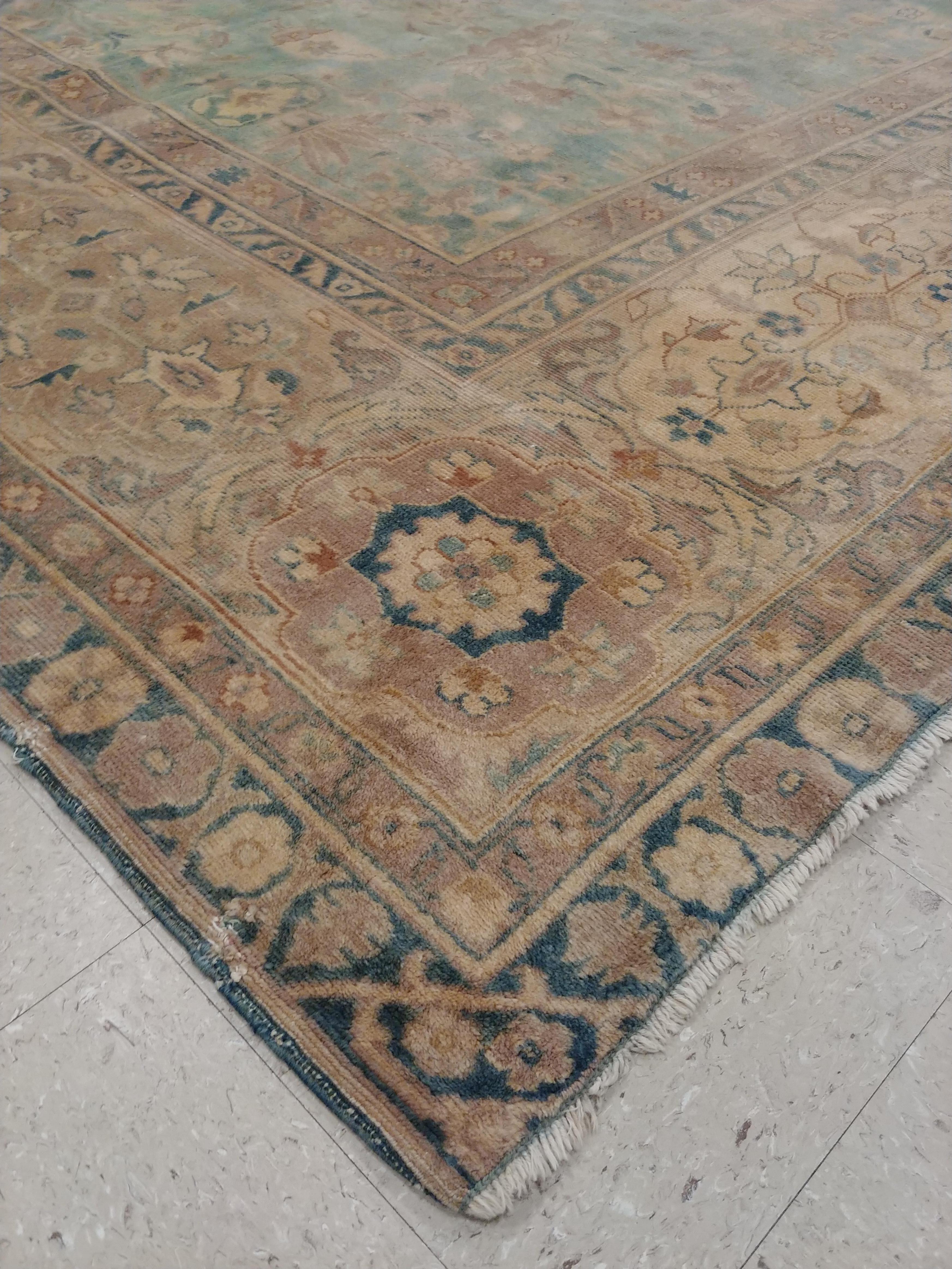 Antique Indian Agra Carpet, Handmade Rug, Green - Blue, Taupe, Beige, Allover In Fair Condition For Sale In Port Washington, NY