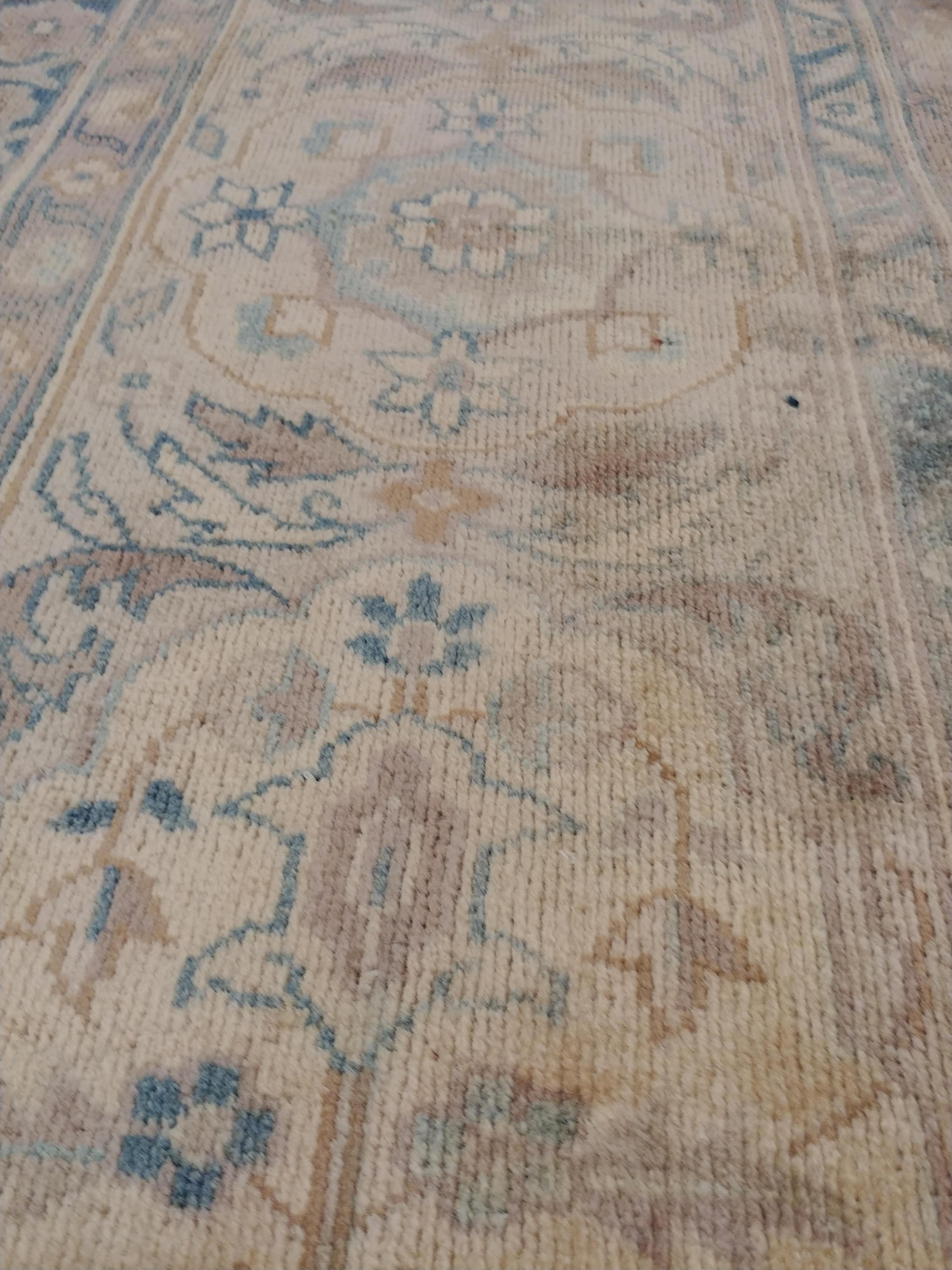 Wool Antique Indian Agra Carpet, Handmade Rug, Green - Blue, Taupe, Beige, Allover For Sale