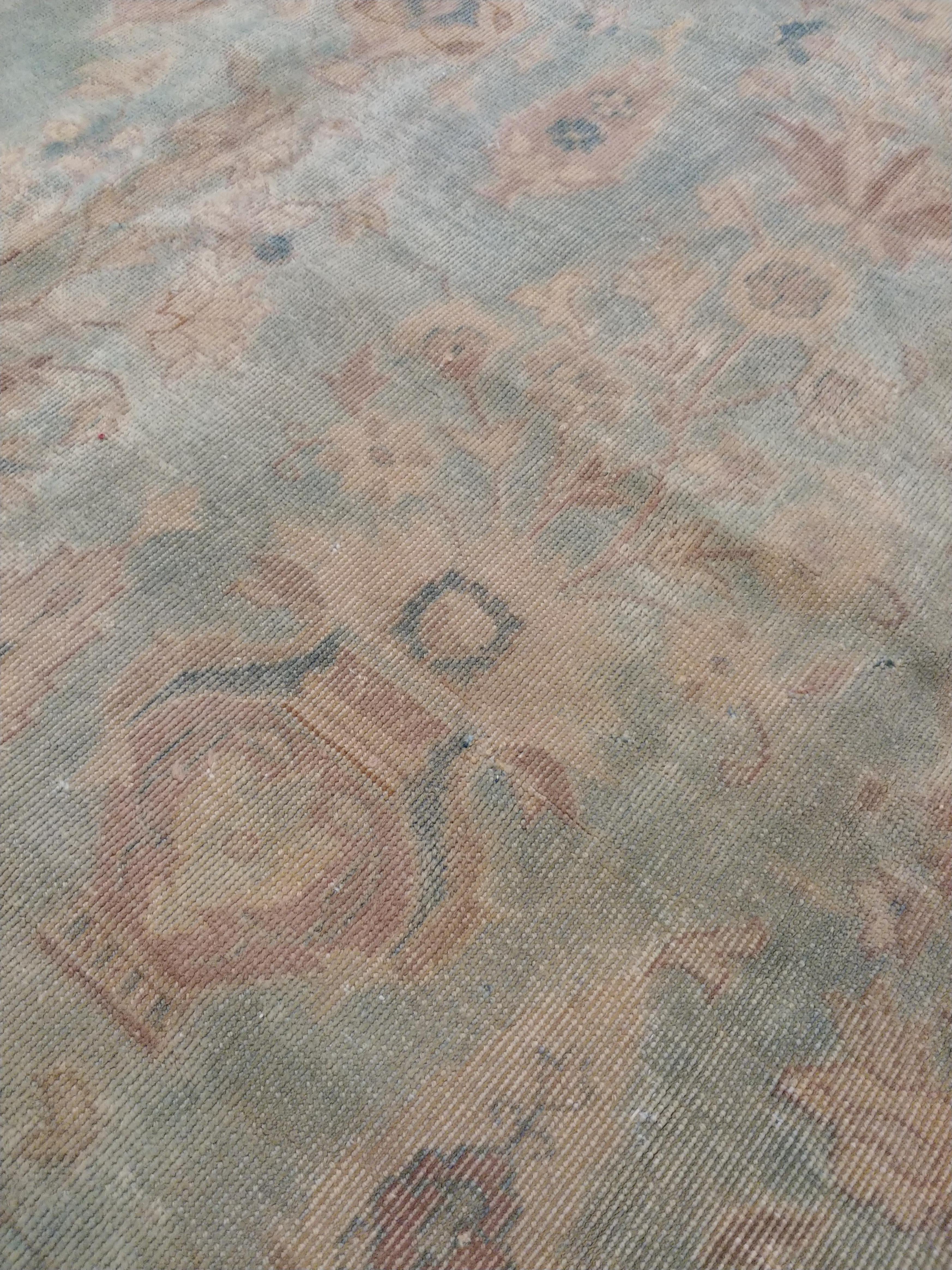 Antique Indian Agra Carpet, Handmade Rug, Green - Blue, Taupe, Beige, Allover For Sale 2