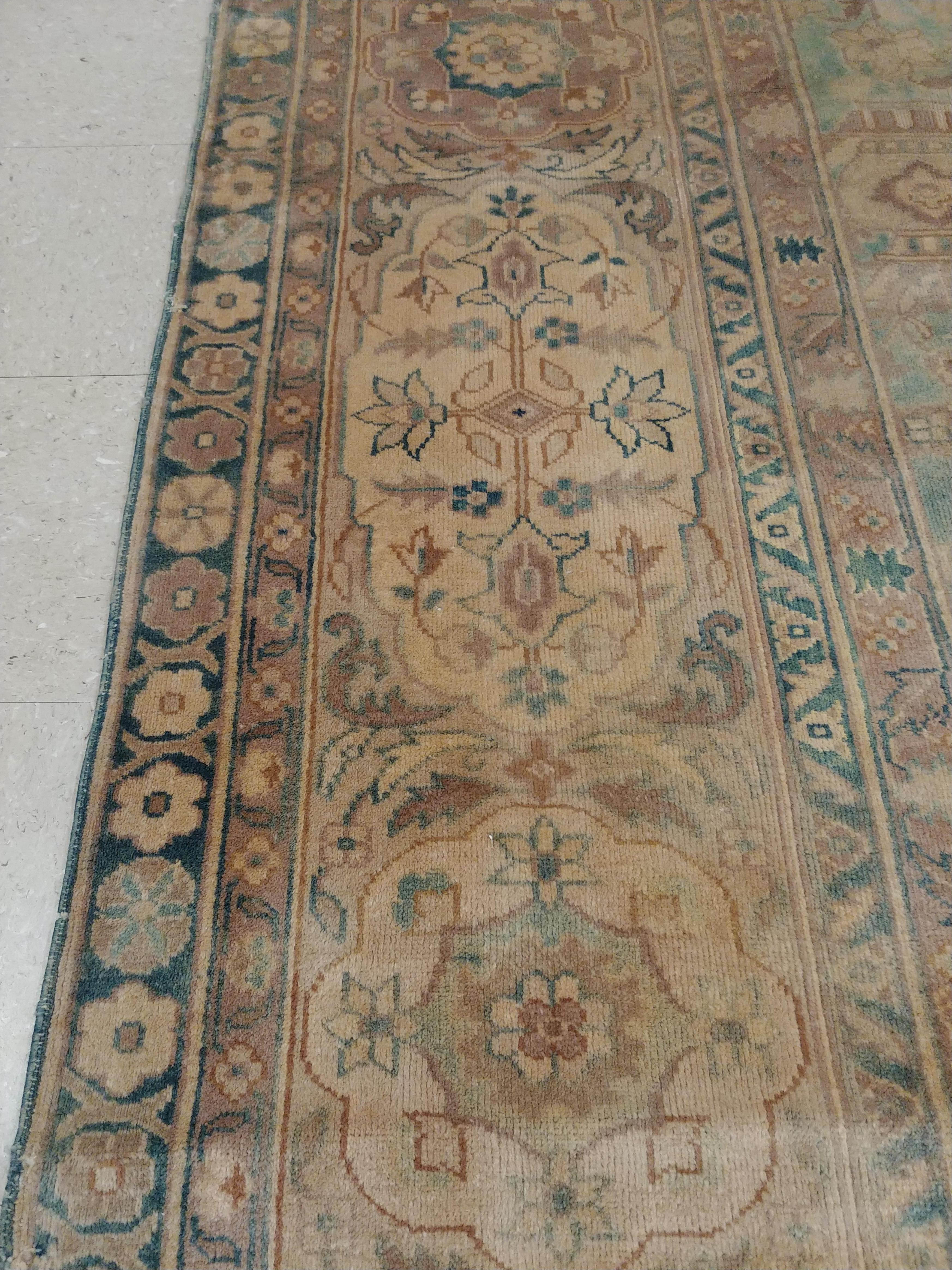 Antique Indian Agra Carpet, Handmade Rug, Green - Blue, Taupe, Beige, Allover For Sale 3
