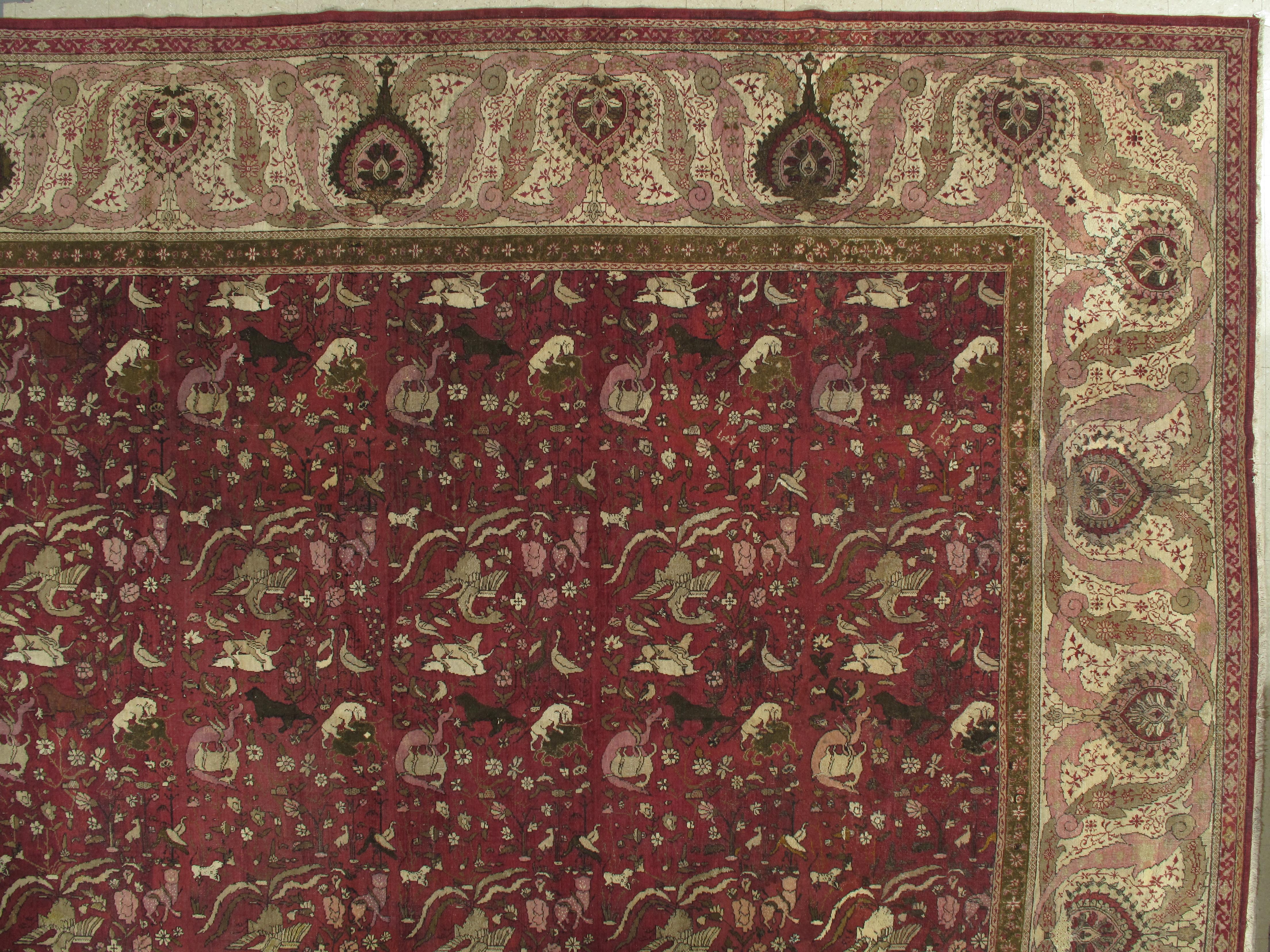 Antike indische Agra Teppiche, Jagdteppiche, Orientteppiche, Rot, Gold, Elfenbein, Braun im Angebot 2