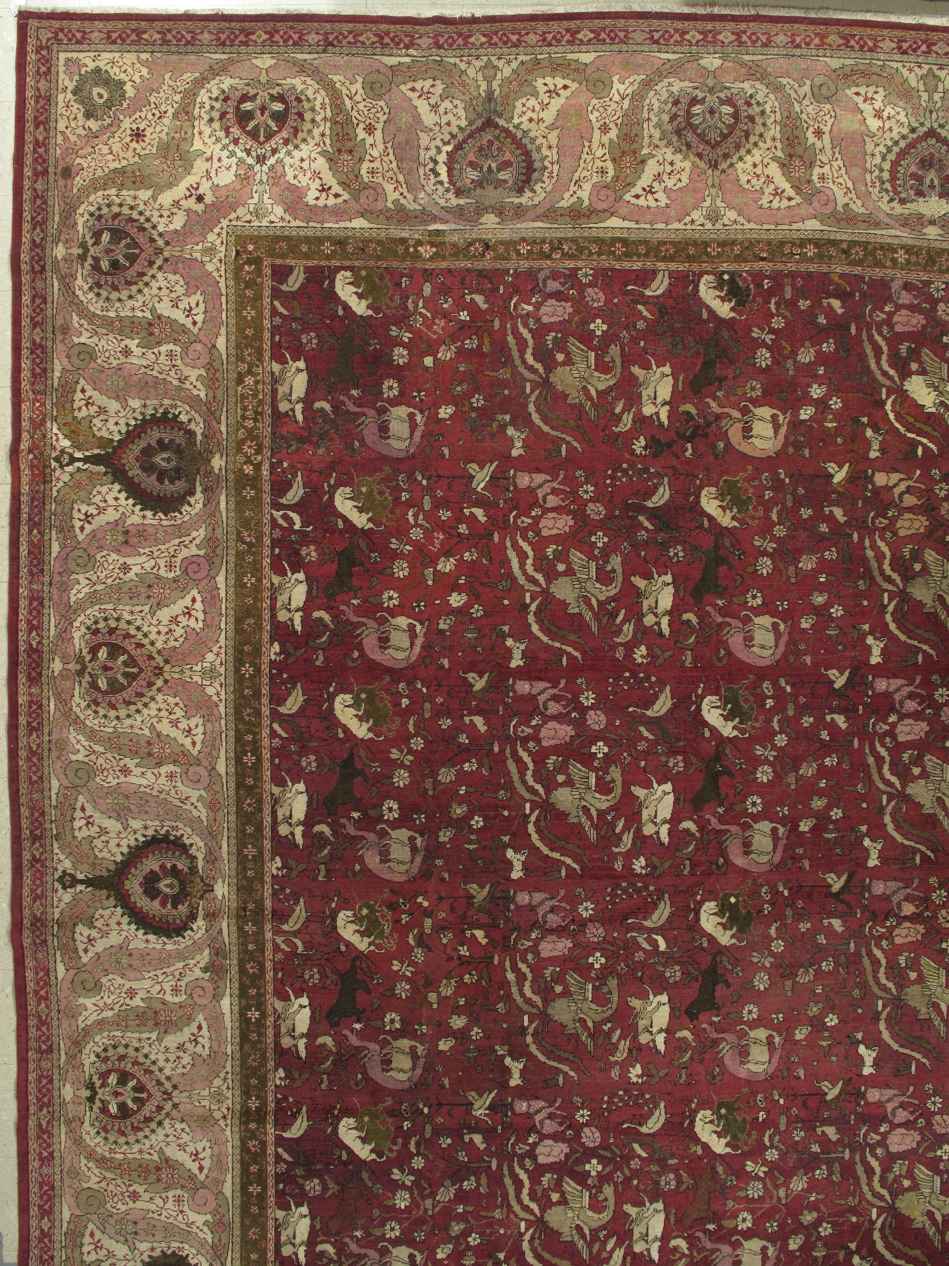 Antike indische Agra Teppiche, Jagdteppiche, Orientteppiche, Rot, Gold, Elfenbein, Braun im Angebot 2