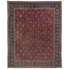 Antiker indischer Agra-Teppich, pflaumenfarben, All-Over- Field, königsblaue Bordüren