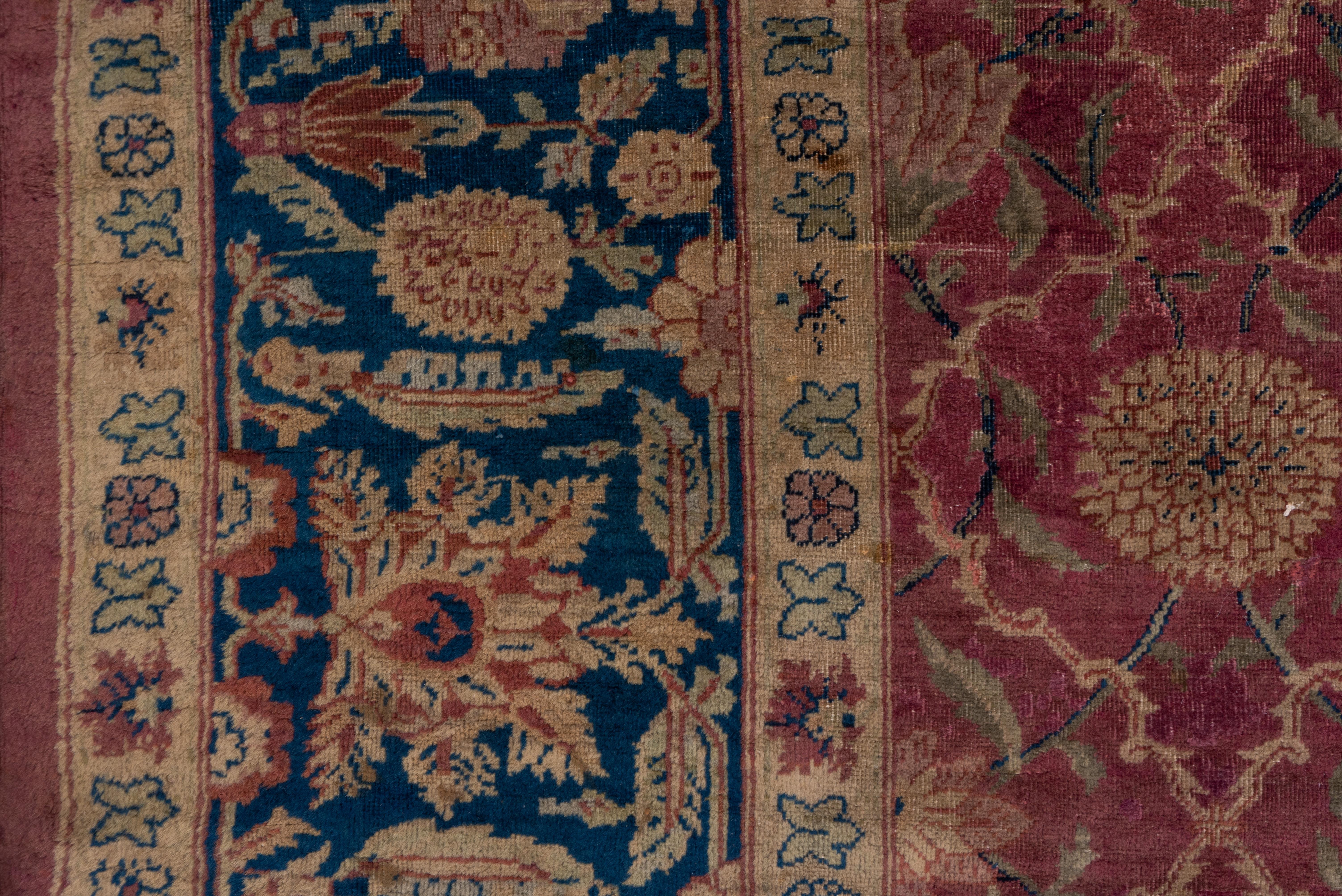 Early 20th Century Antique Indian Agra Carpet, Plum All-Over Field, Royal Blue Borders For Sale