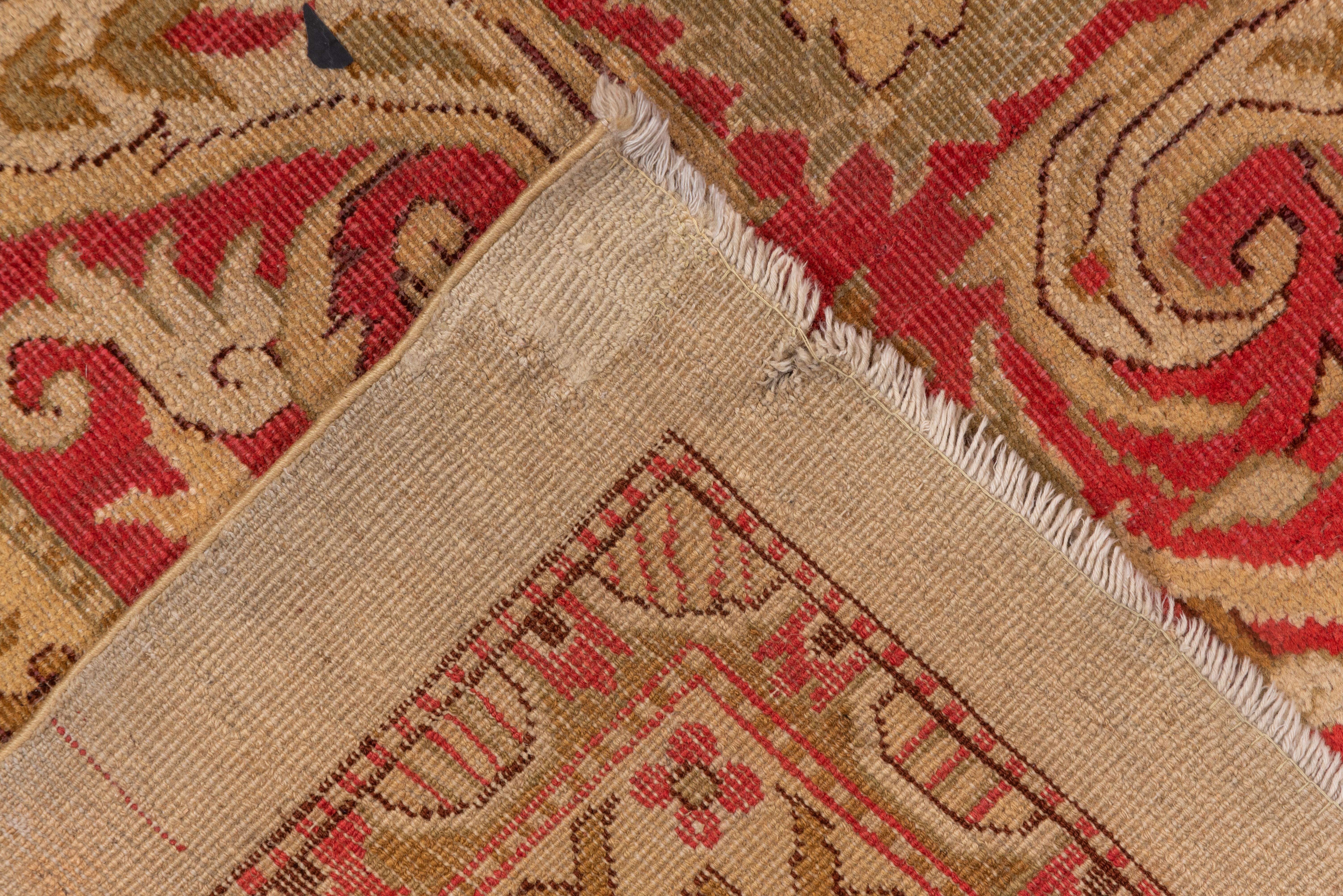 Hand-Woven Antique Indian Agra Carpet, Yellow and Red Tones, 1910s, Red Border For Sale