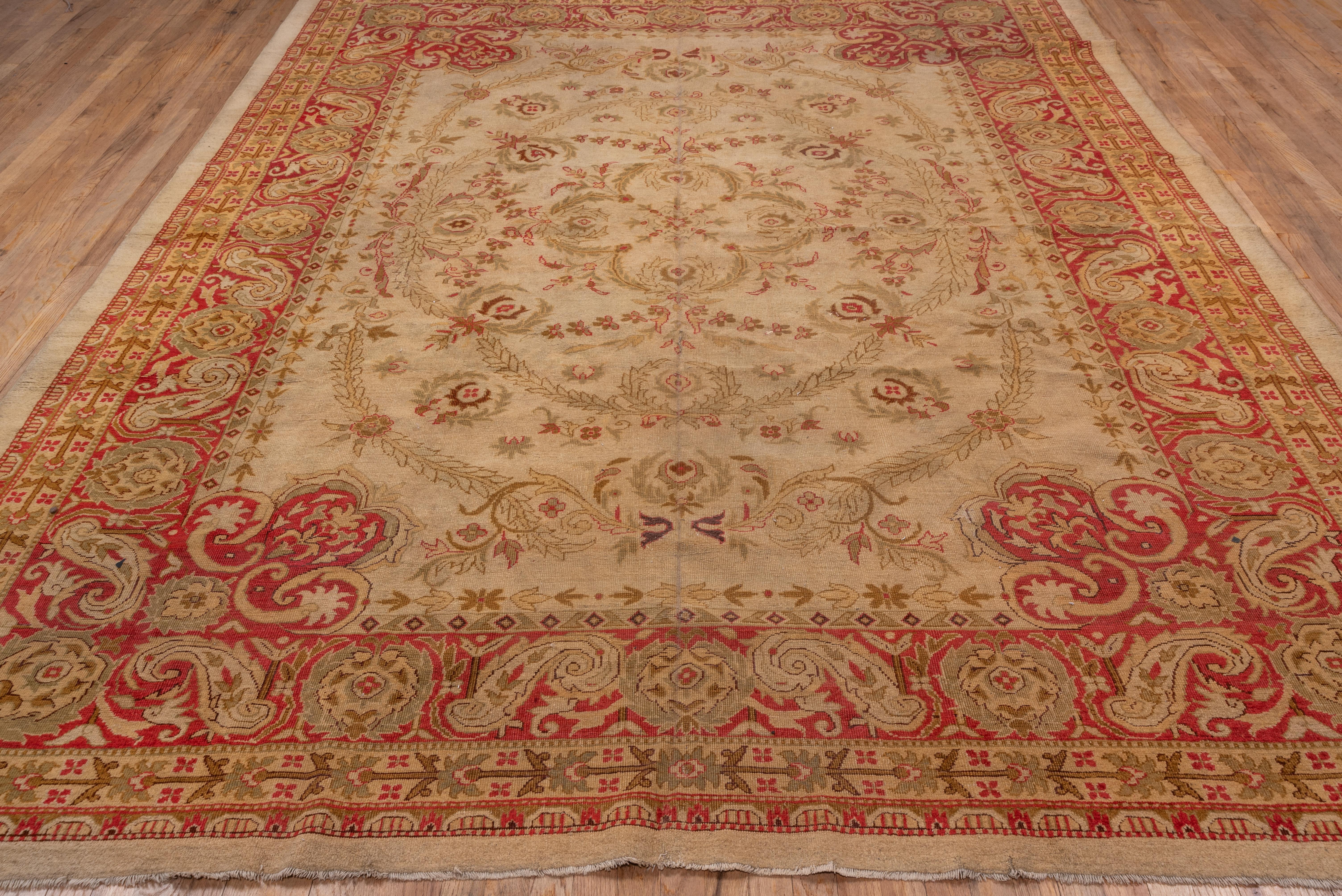20th Century Antique Indian Agra Carpet, Yellow and Red Tones, 1910s, Red Border For Sale