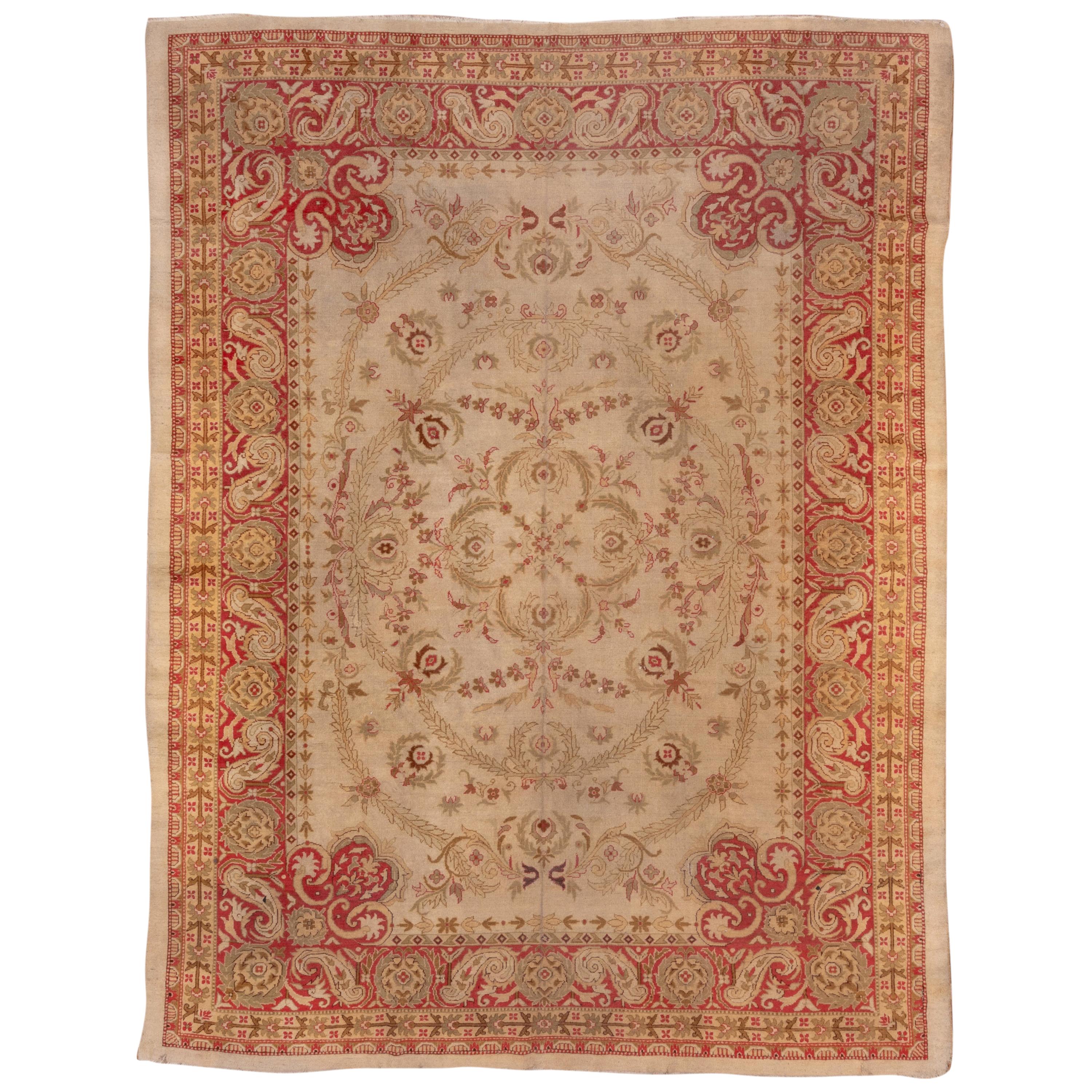 Antique Indian Agra Carpet, Yellow and Red Tones, 1910s, Red Border