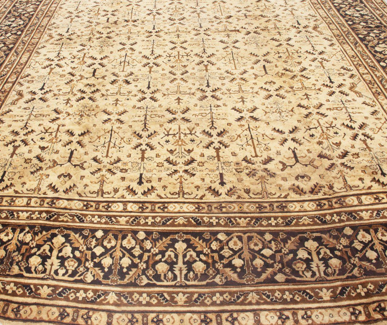 Antique Indian Agra Brown Handwoven Wool Rug In Good Condition For Sale In New York, NY