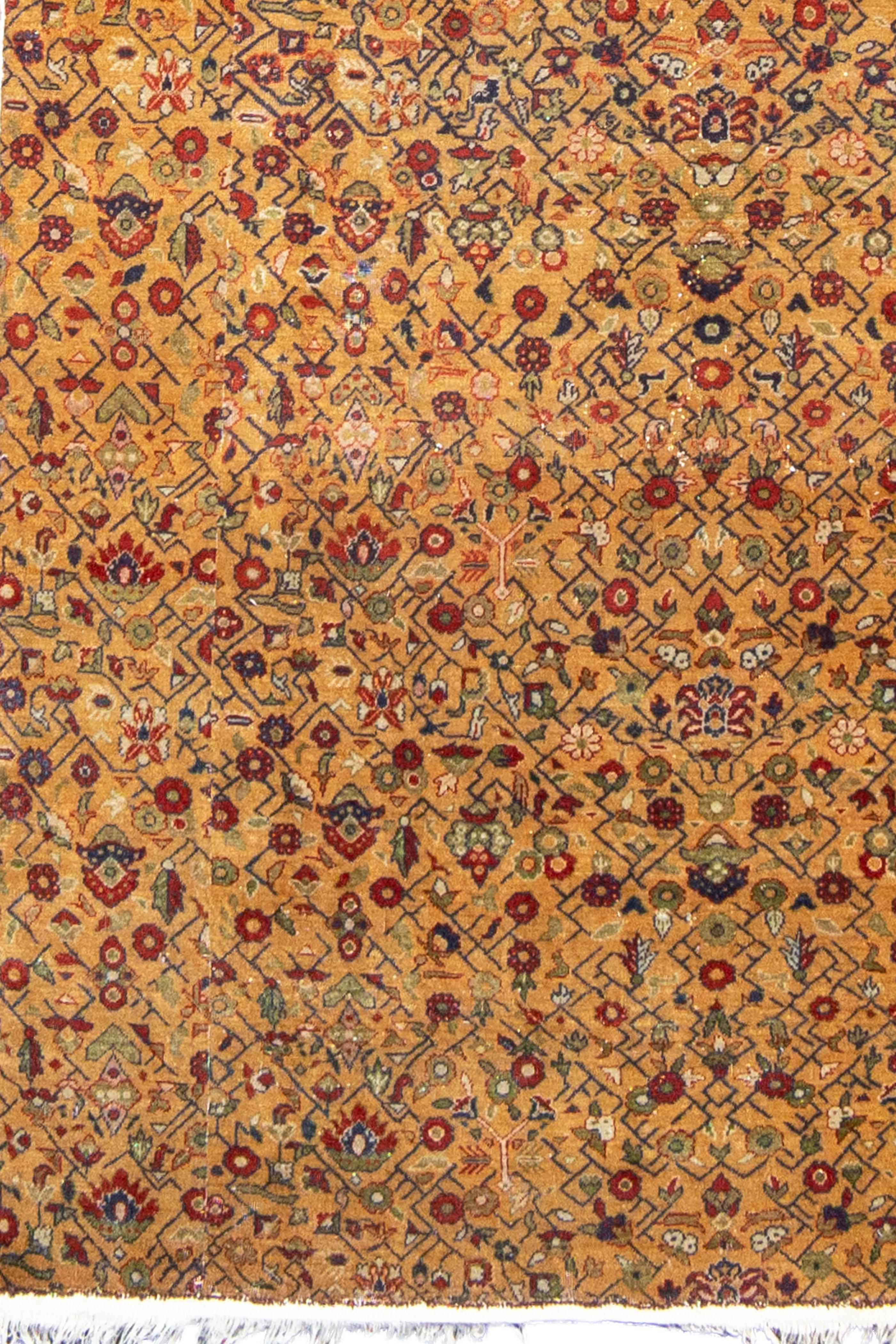 Antiker orange-gelber indischer Agra-Fragment-Läufer mit stilisiertem floralen Gesamtdesign, Ende 19.

Zusätzliche Informationen:
Abmessungen: 11'4