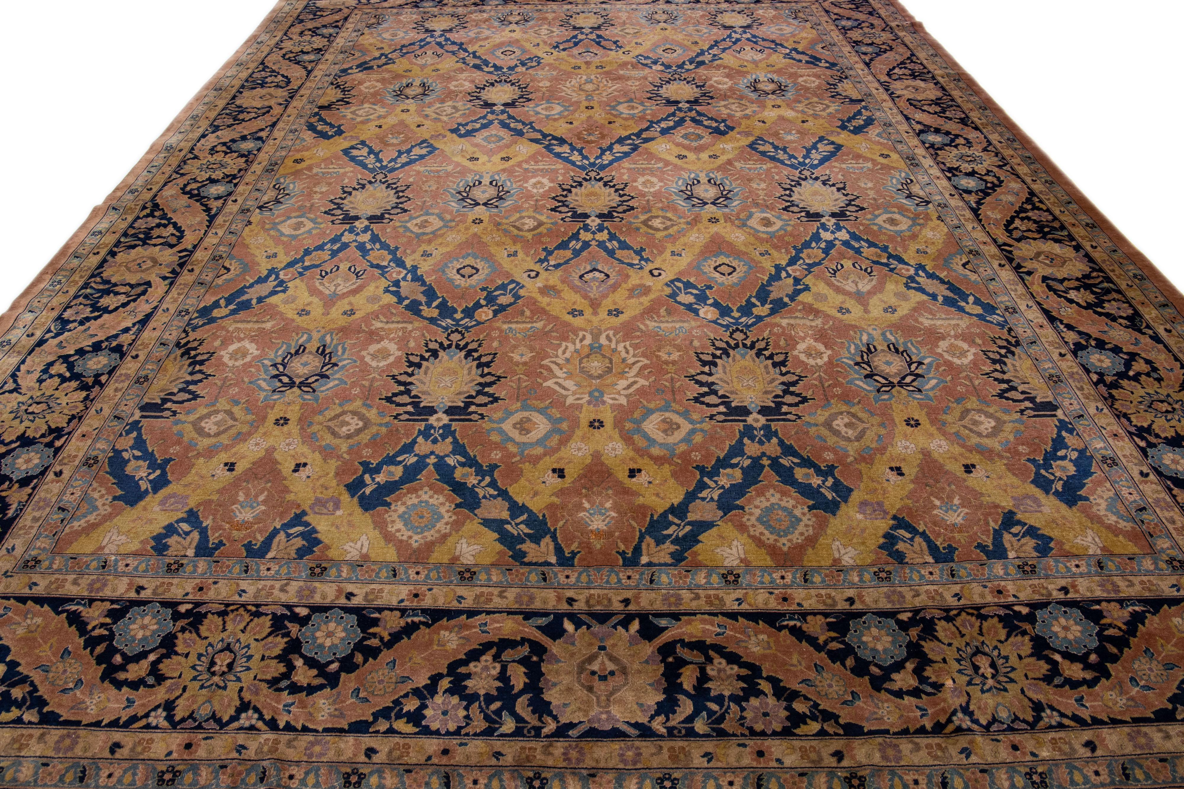 Anglo-Indian Antique Indian Agra Handmade Allover Pattern Peach Wool Rug For Sale