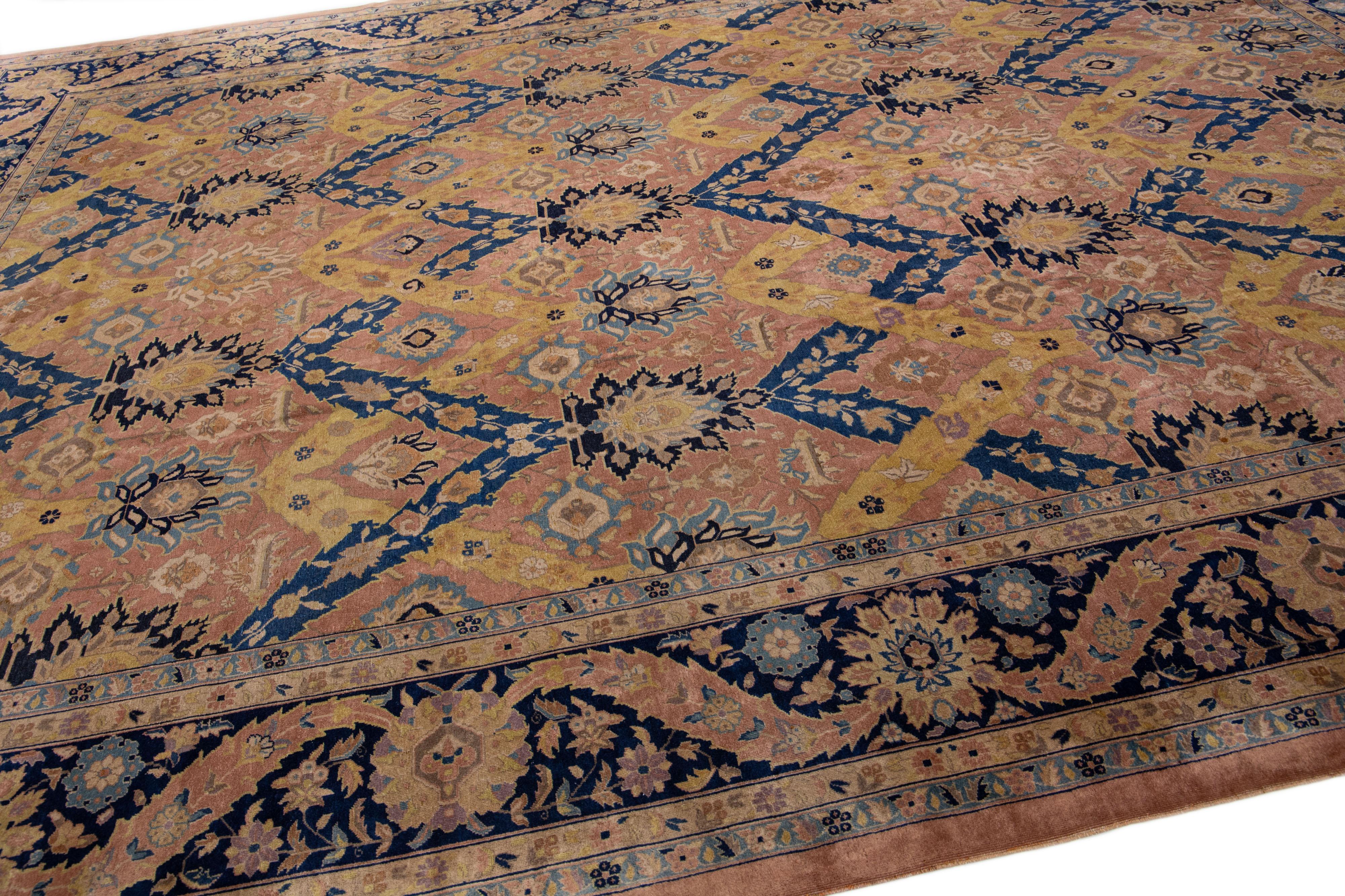 Antique Indian Agra Handmade Allover Pattern Peach Wool Rug In Good Condition For Sale In Norwalk, CT