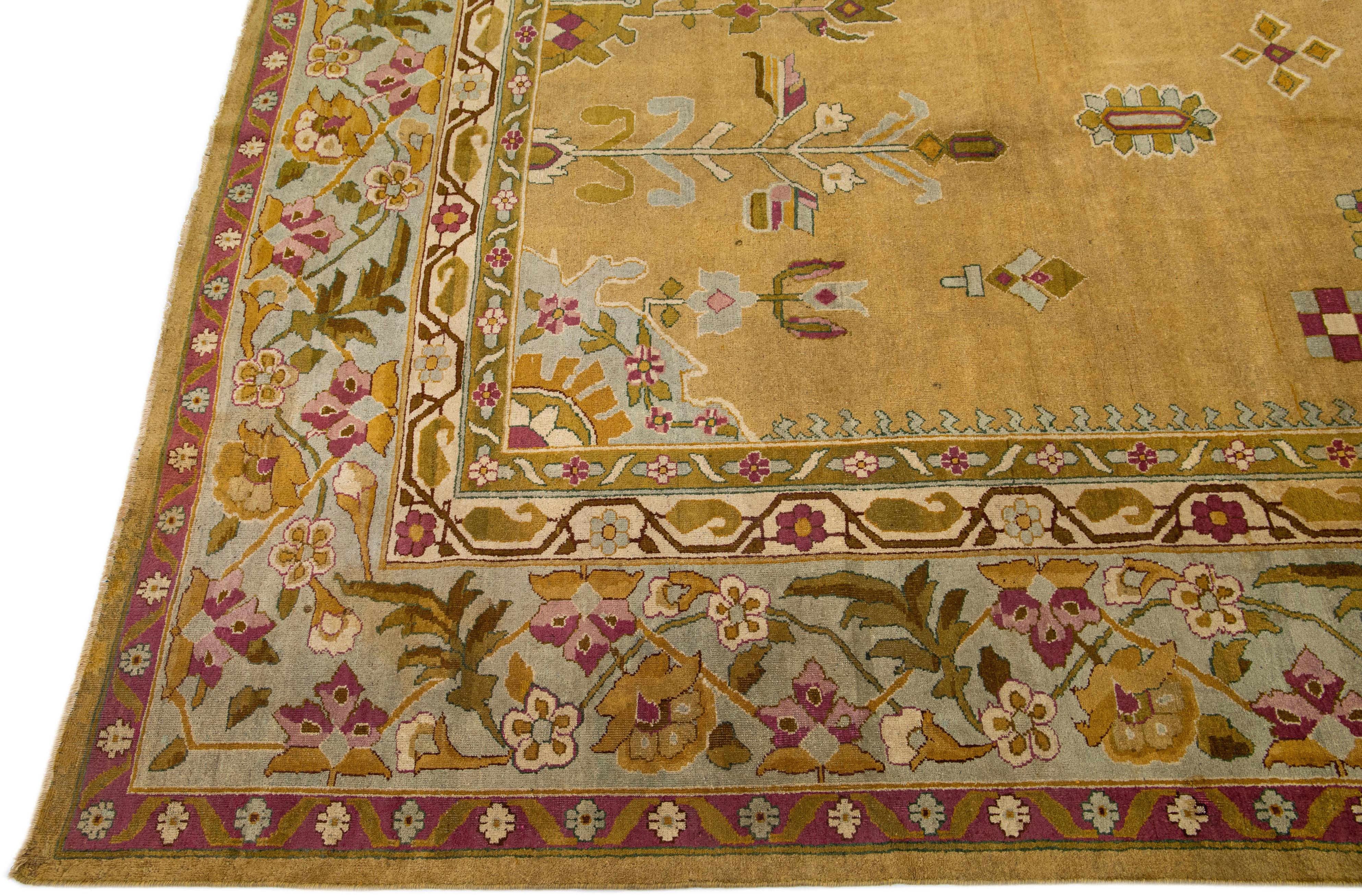Hand-Knotted Antique Indian Agra Handmade Goldenrod Wool Rug with Medallion Design For Sale