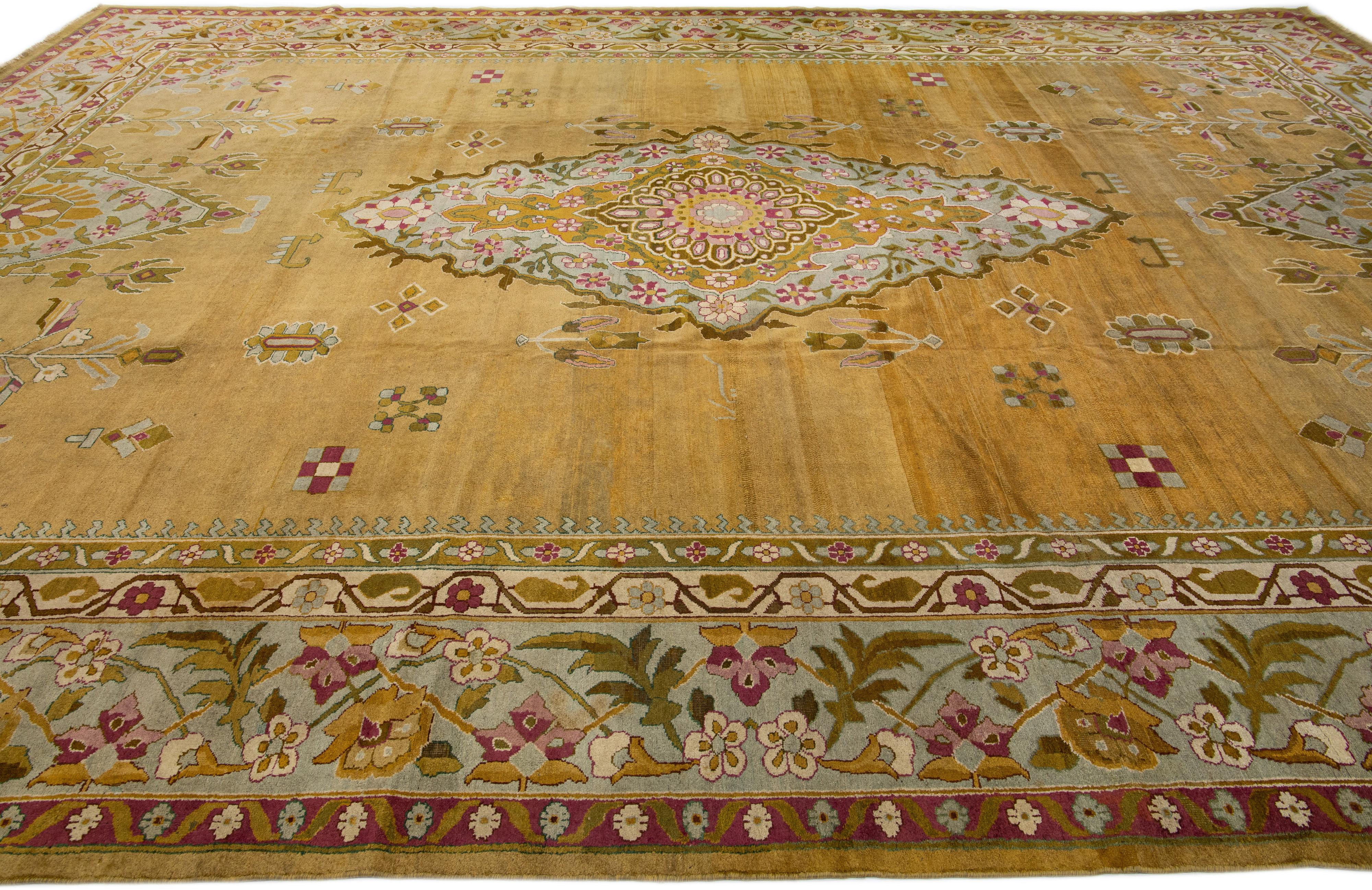 20th Century Antique Indian Agra Handmade Goldenrod Wool Rug with Medallion Design For Sale