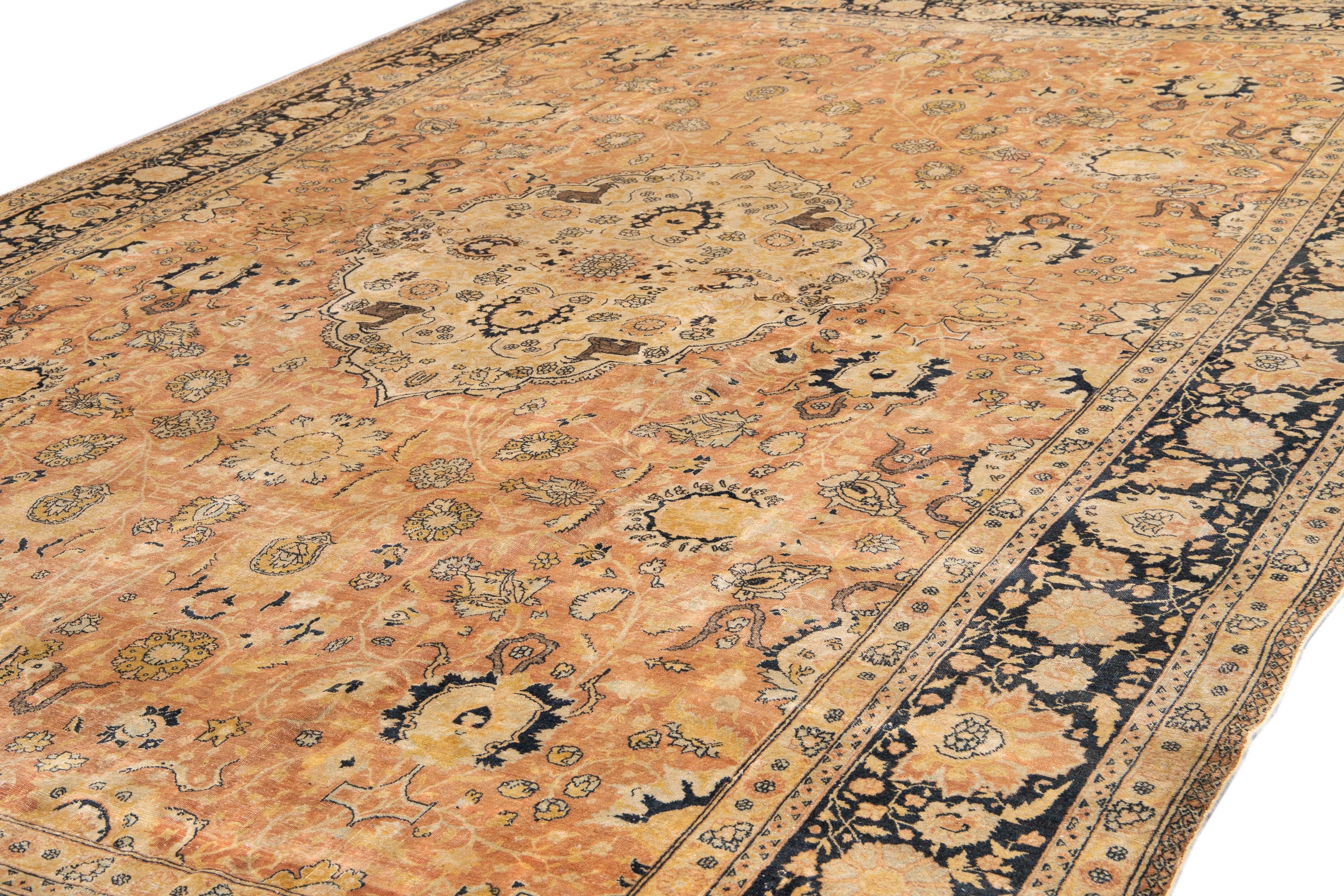Hand-Knotted Antique Indian Agra Handmade Medallion Motif Peach Oversize Wool Rug For Sale