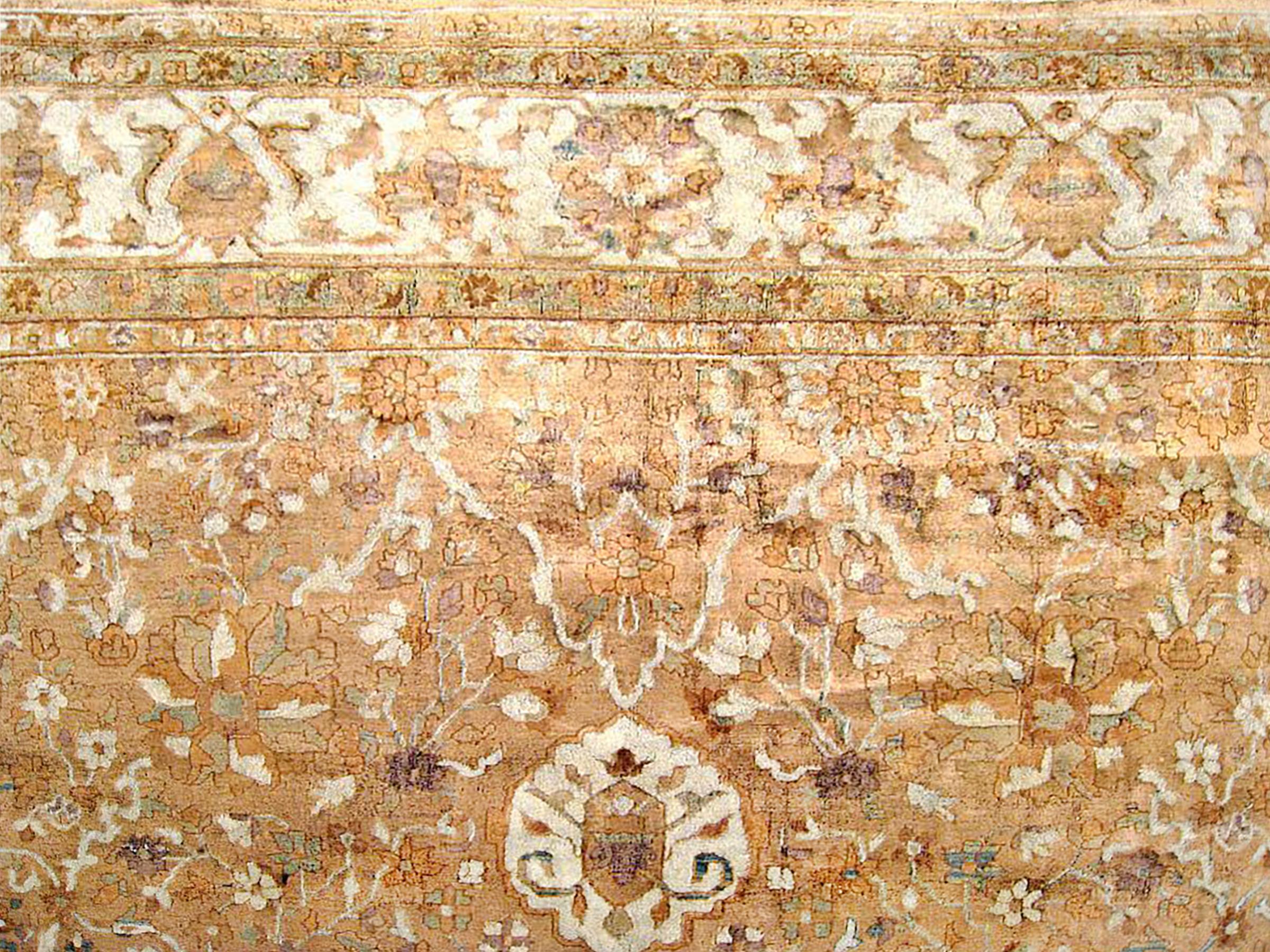 Hand-Knotted Antique Indian Agra Oriental Rug, Room Size, w/ Floral Elements For Sale