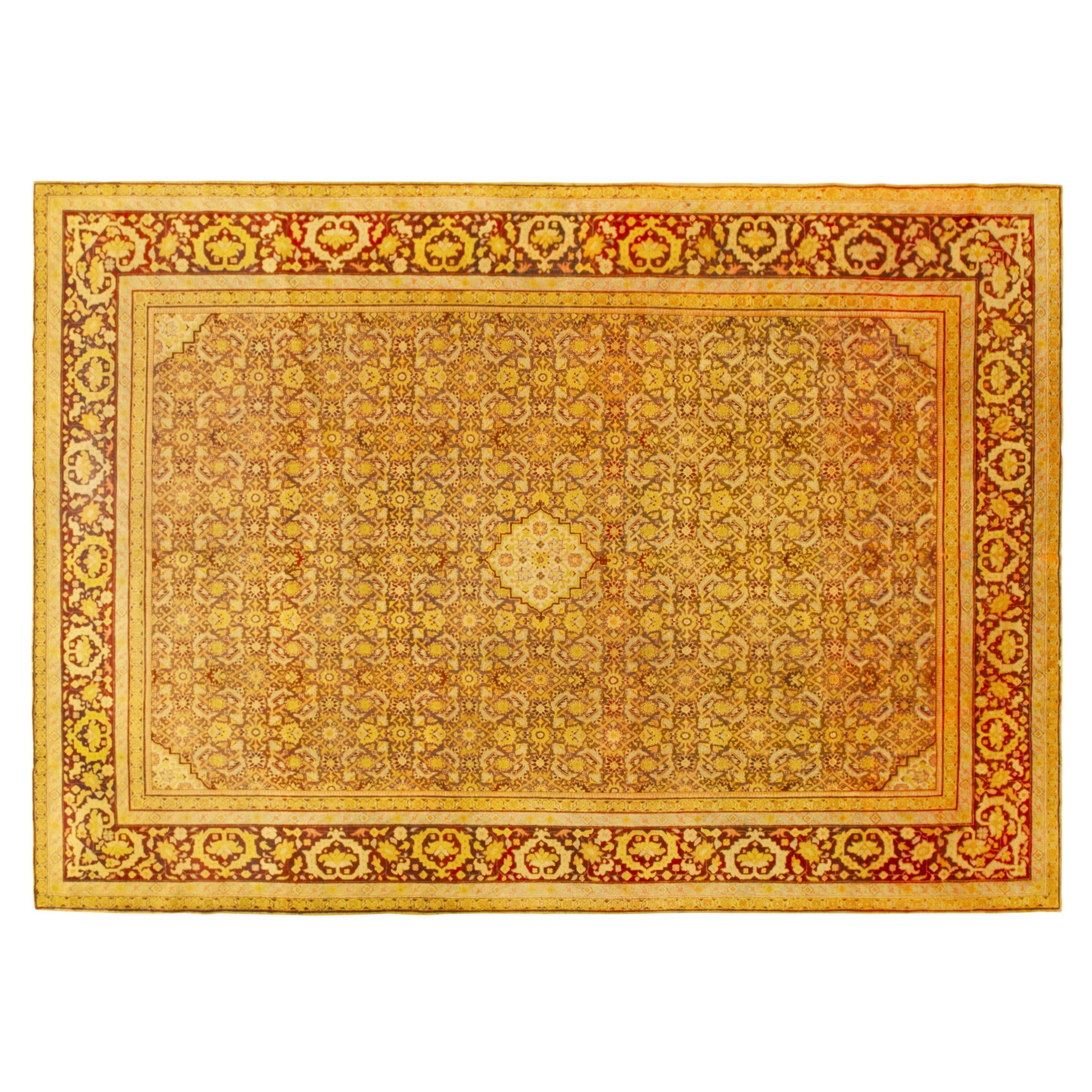 Tapis oriental indien ancien Agra, taille de pièce, médaillon et fleurs