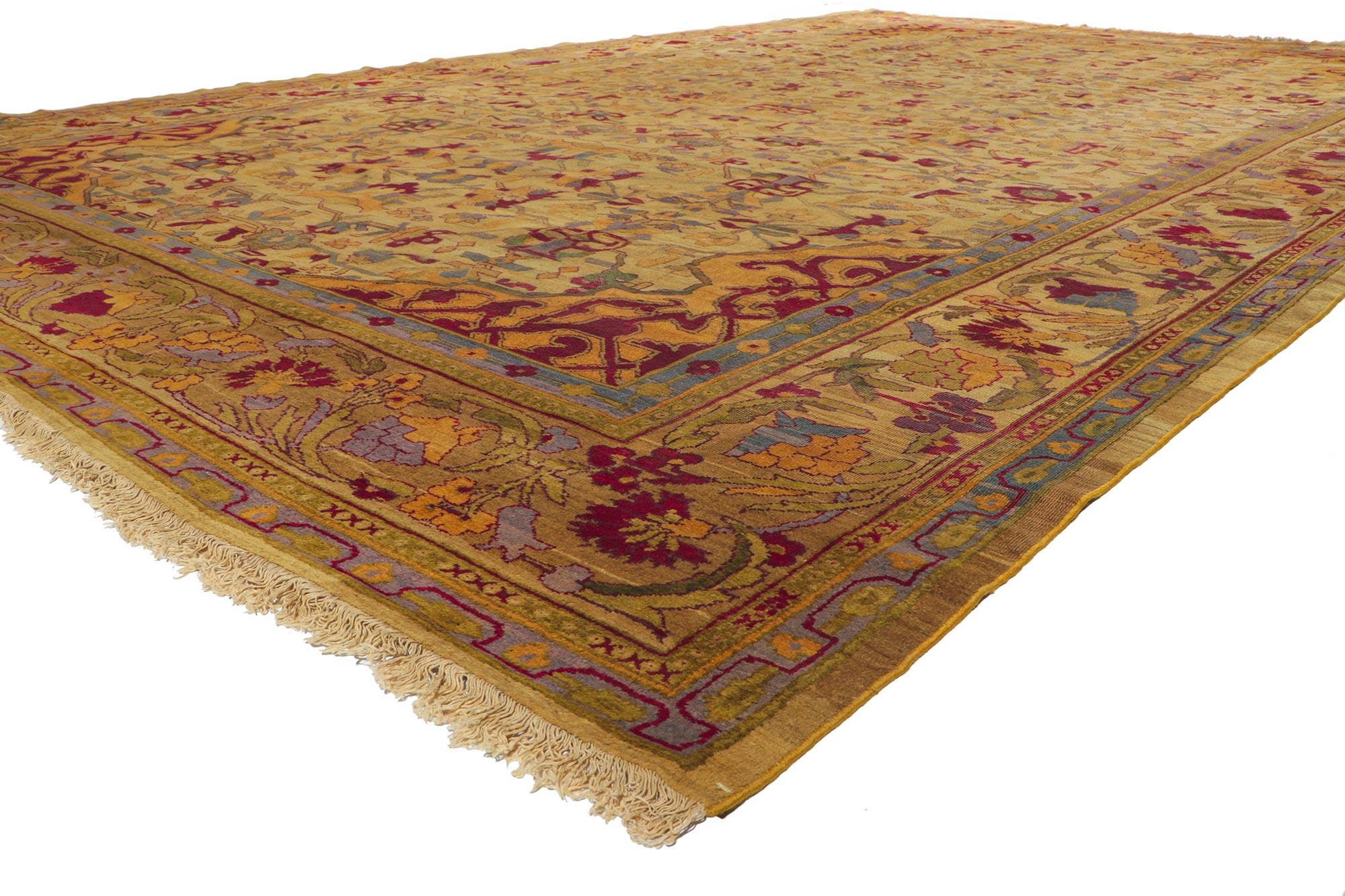 70247 Antique Indian Agra Room Size Rug with Art Deco Style. Cleverly composed and distinctively well-balanced, this antique Indian Agra displays an exceptional all-over geometric pattern in time-softened earth tones of golden yellow, slate,