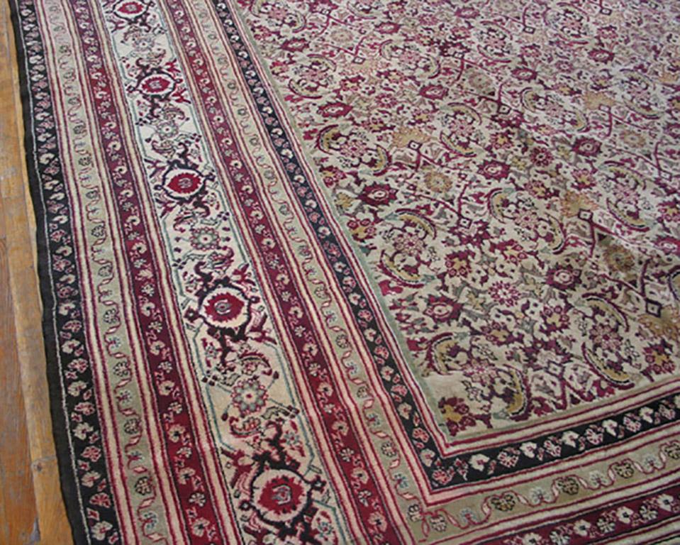 Questo antico tappeto urbano dell'India settentrionale mostra una riproduzione ravvicinata del motivo Herati all-over su un fondo ecrù con bordi multipli, tra cui una striscia principale invertita a palmetta di tartaruga su avorio. Assomiglia a un