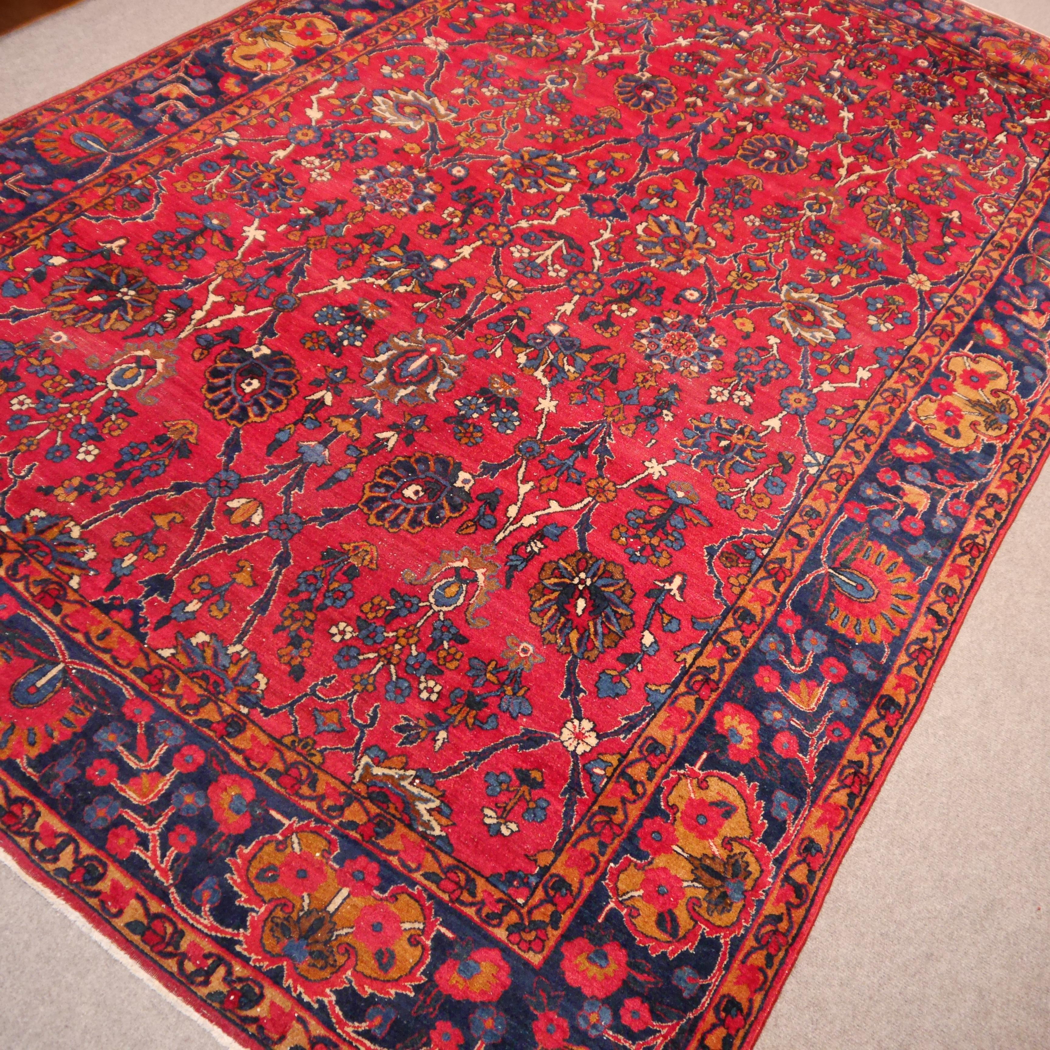 Antique Indian Agra Rug hand knotted red blue gold For Sale 8