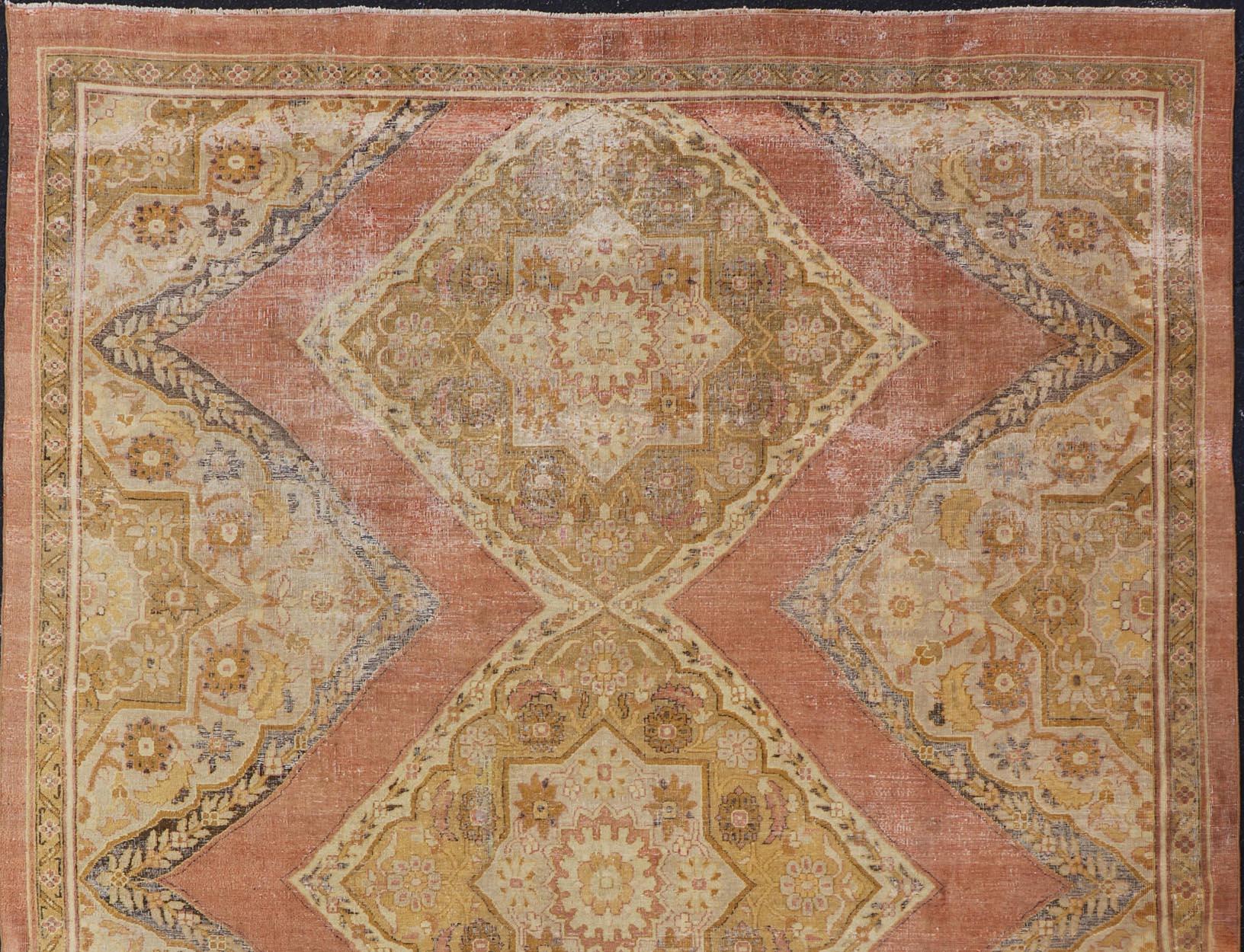 Antique Indian Agra Rug in Acidic Yellow Green, Pink and Ivory For Sale 3