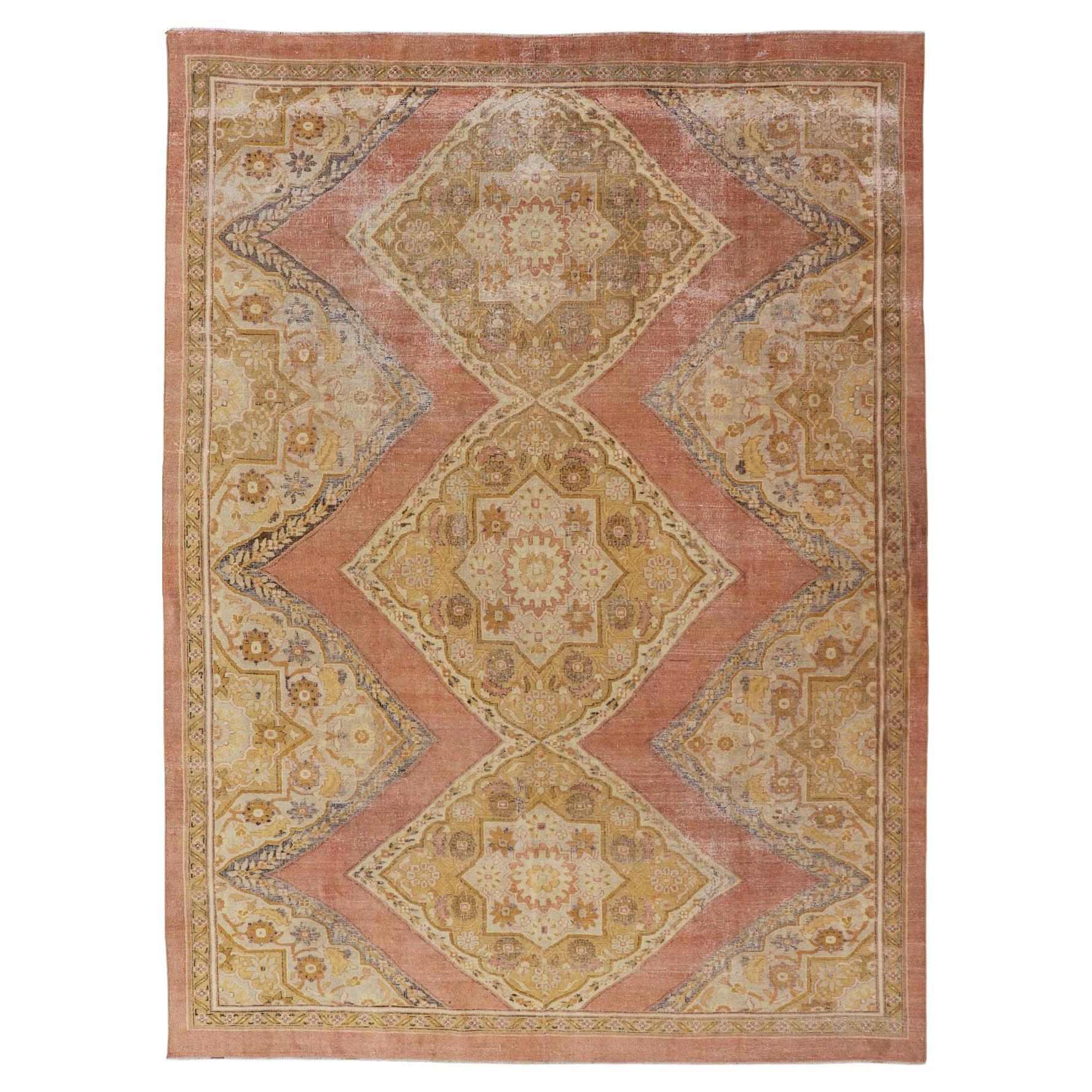 Antique Indian Agra Rug in Acidic Yellow Green, Pink and Ivory For Sale