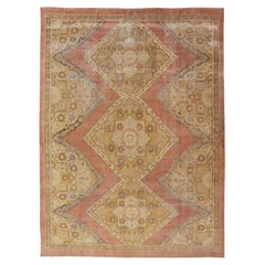 Antique Indian Agra Rug in Acidic Yellow Green, Pink and Ivory