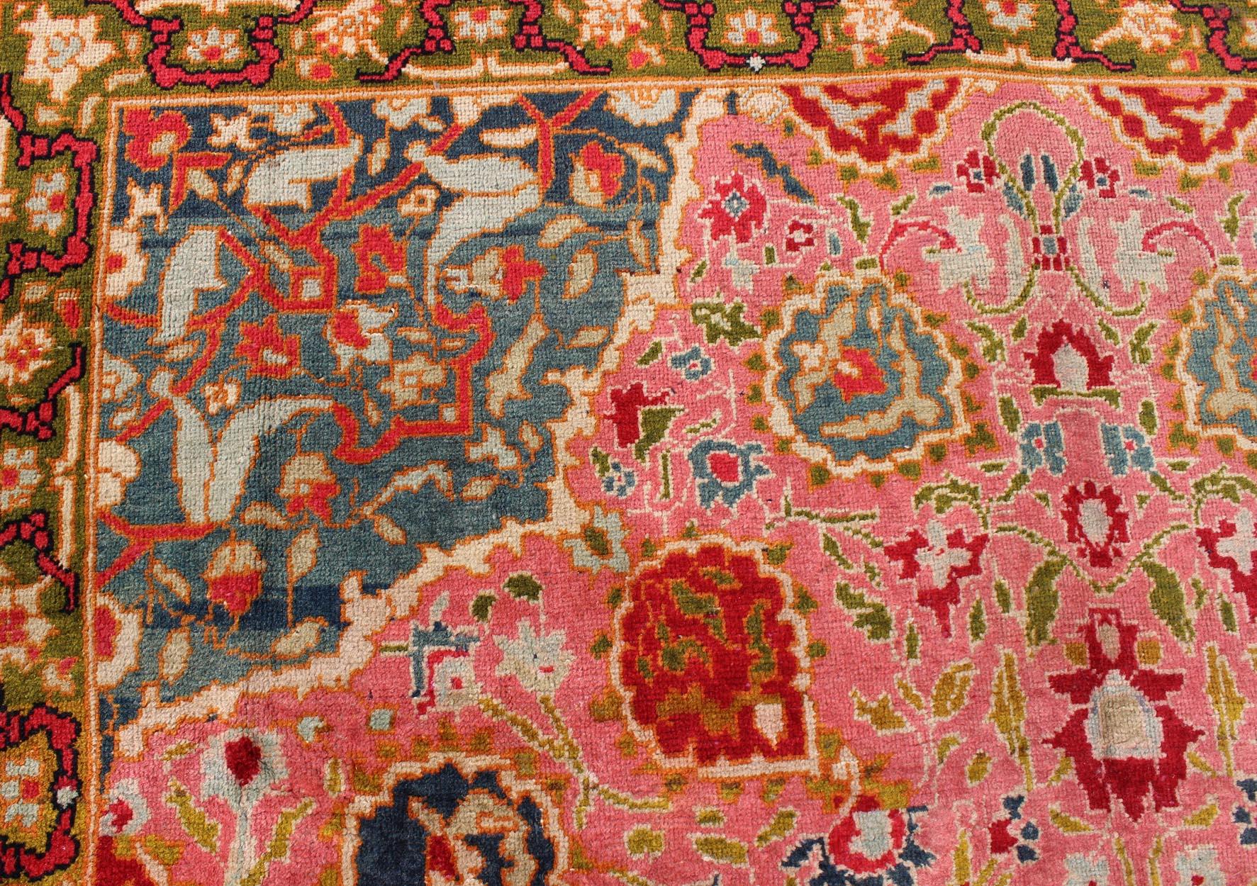 Wool Colorful Antique Amritsar in Pink, Teal, Red, Blue, Teal, Chartreuse Green For Sale