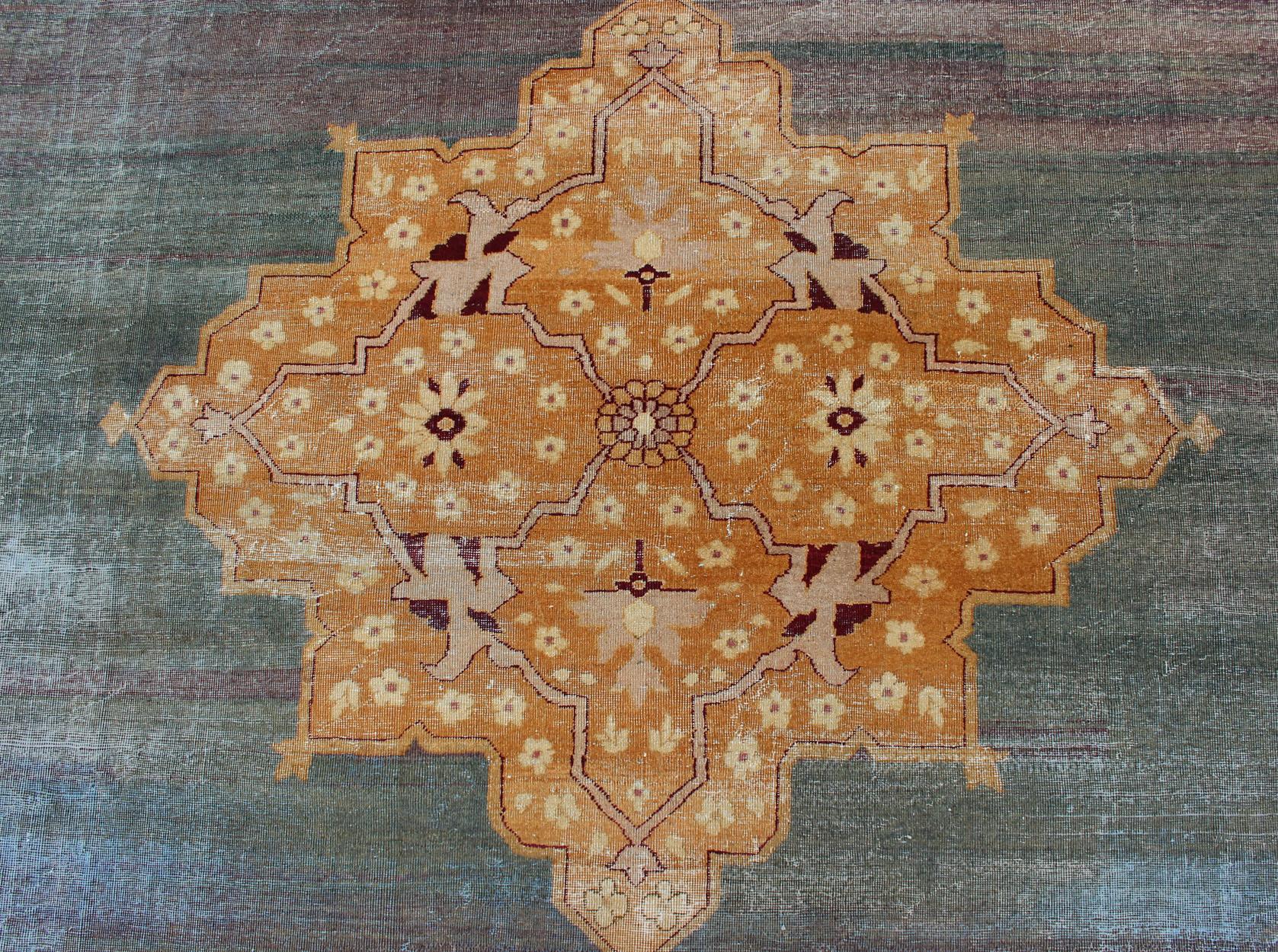 Antique Indian Agra Rug Intoxicating Blue Field and Crown Jewel Medallion For Sale 1