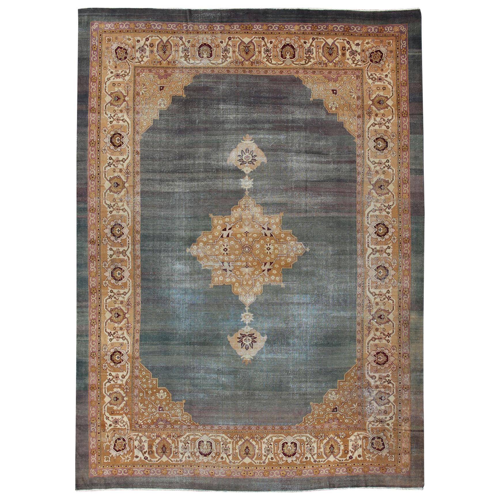Antique Indian Agra Rug Intoxicating Blue Field and Crown Jewel Medallion For Sale