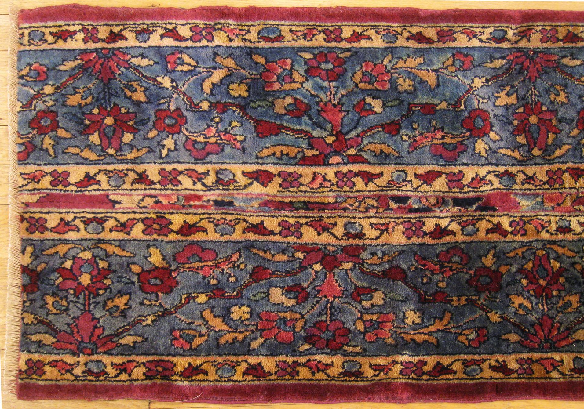 Hand-Knotted Antique Indian Agra Rug, Small Runner Size, Symmetrical Bands of Color, Flowers For Sale