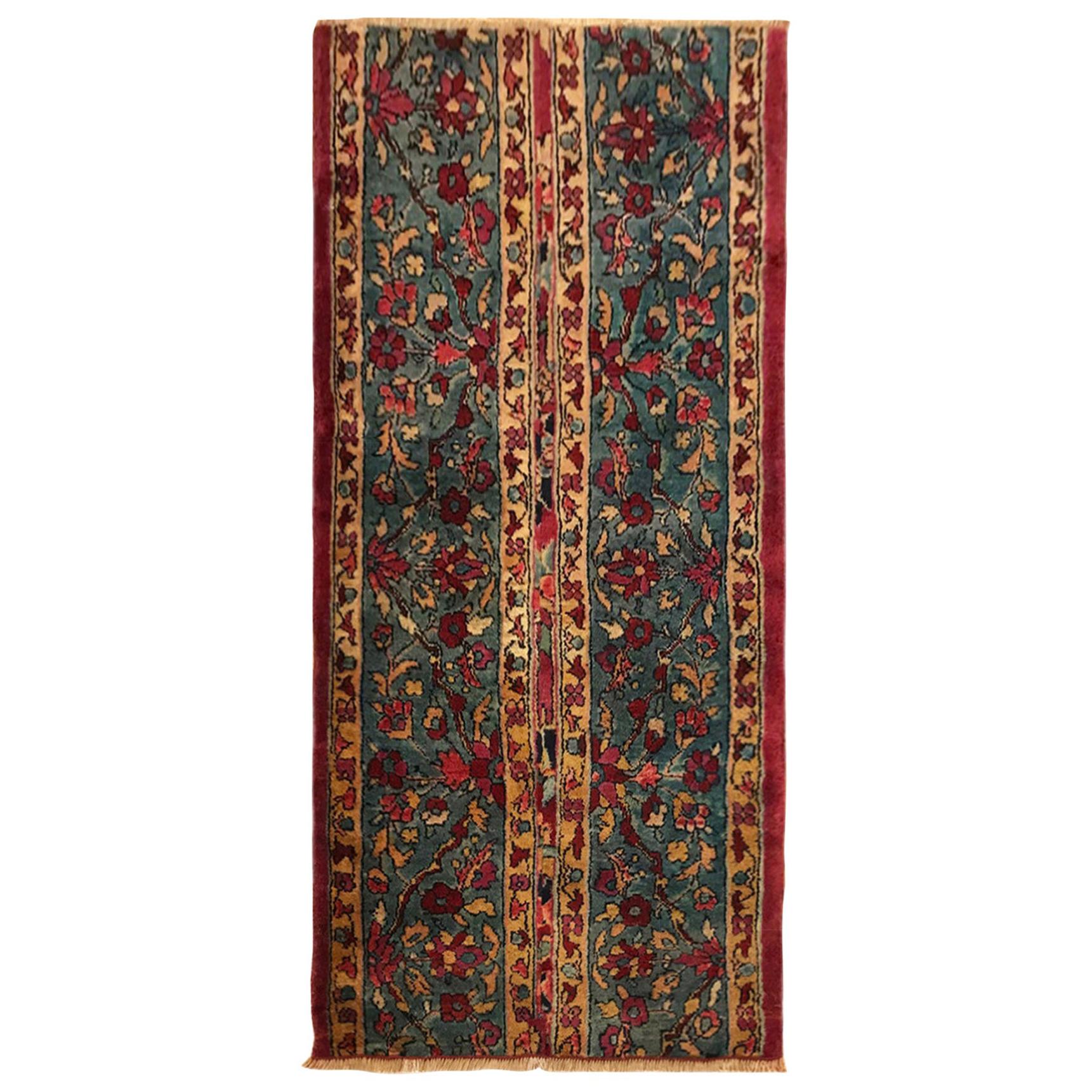Antique Indian Agra Rug, Small Runner Size, Symmetrical Bands of Color, Flowers