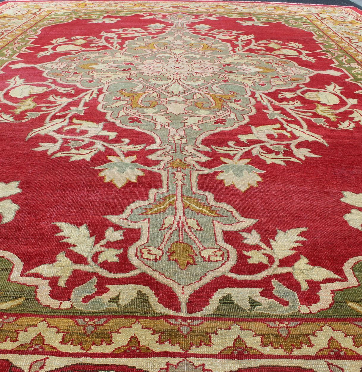 Indian Agra Antique Rug with Center Medallion in Green, Red, and Gold Colors For Sale 3