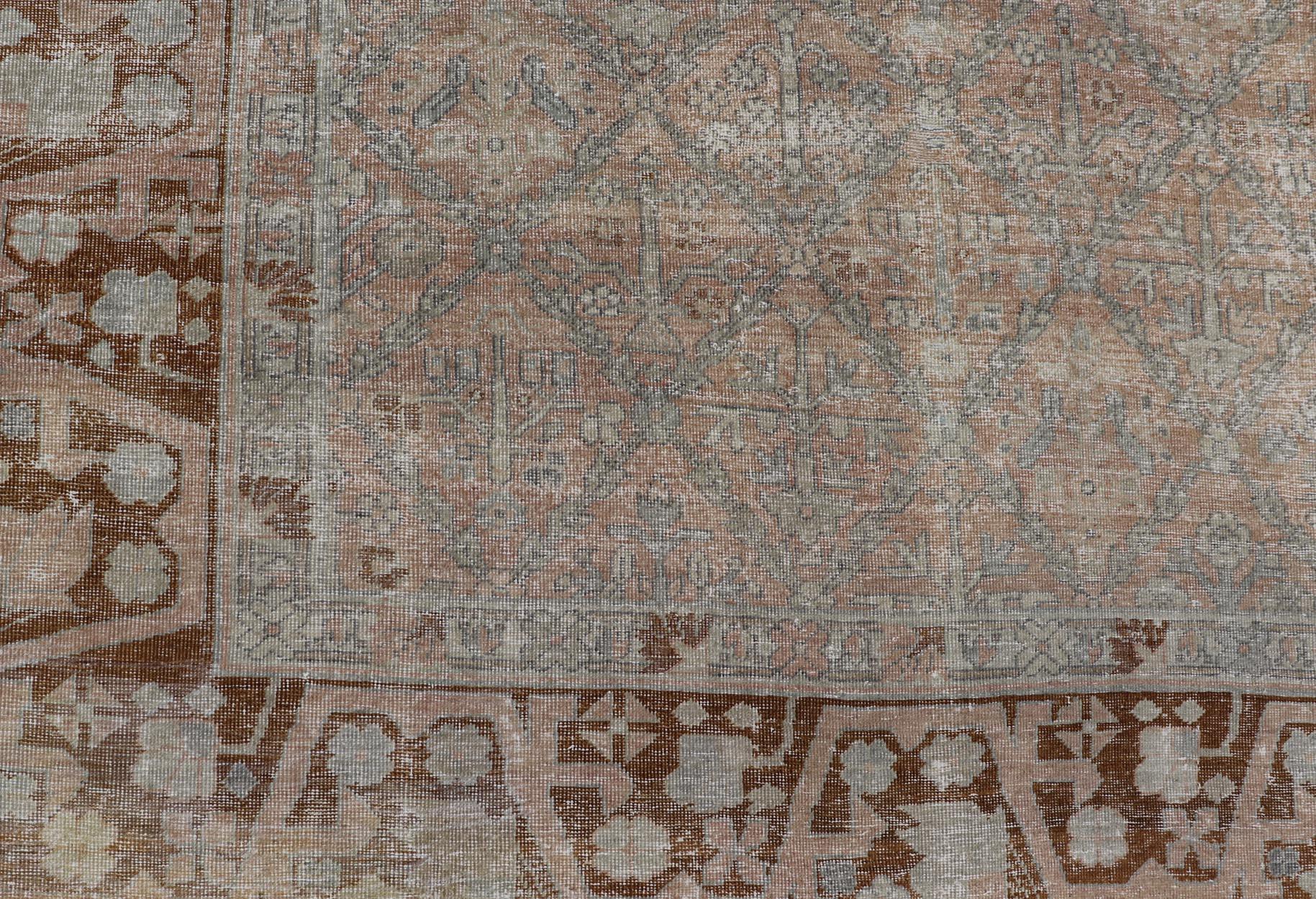 Antique Indian Agra Rug with All-Over Floral Design in Light Green and Brown In Good Condition For Sale In Atlanta, GA