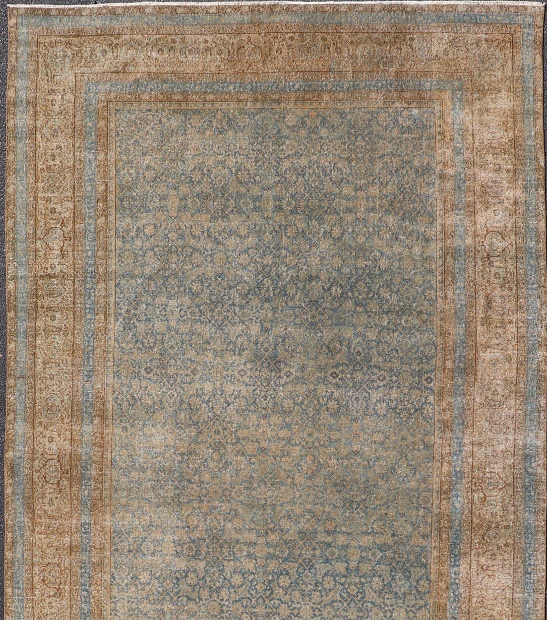 Lana Antico tappeto indiano Agra con intricati disegni floreali in blu 6'9 x 14'0 in vendita